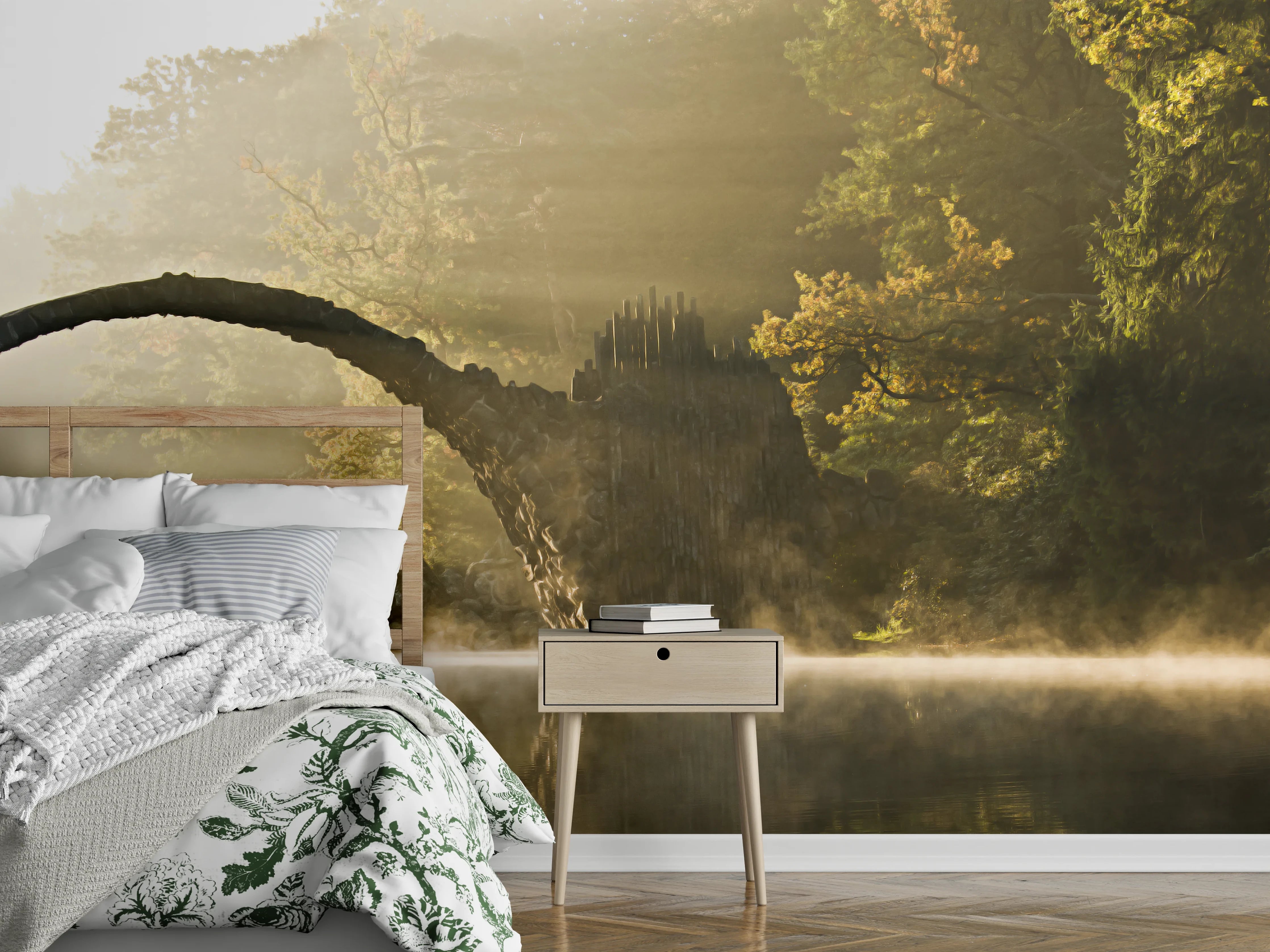 Wandverkleidung Schlafzimmer - Mystische Brücke im Morgendunst
