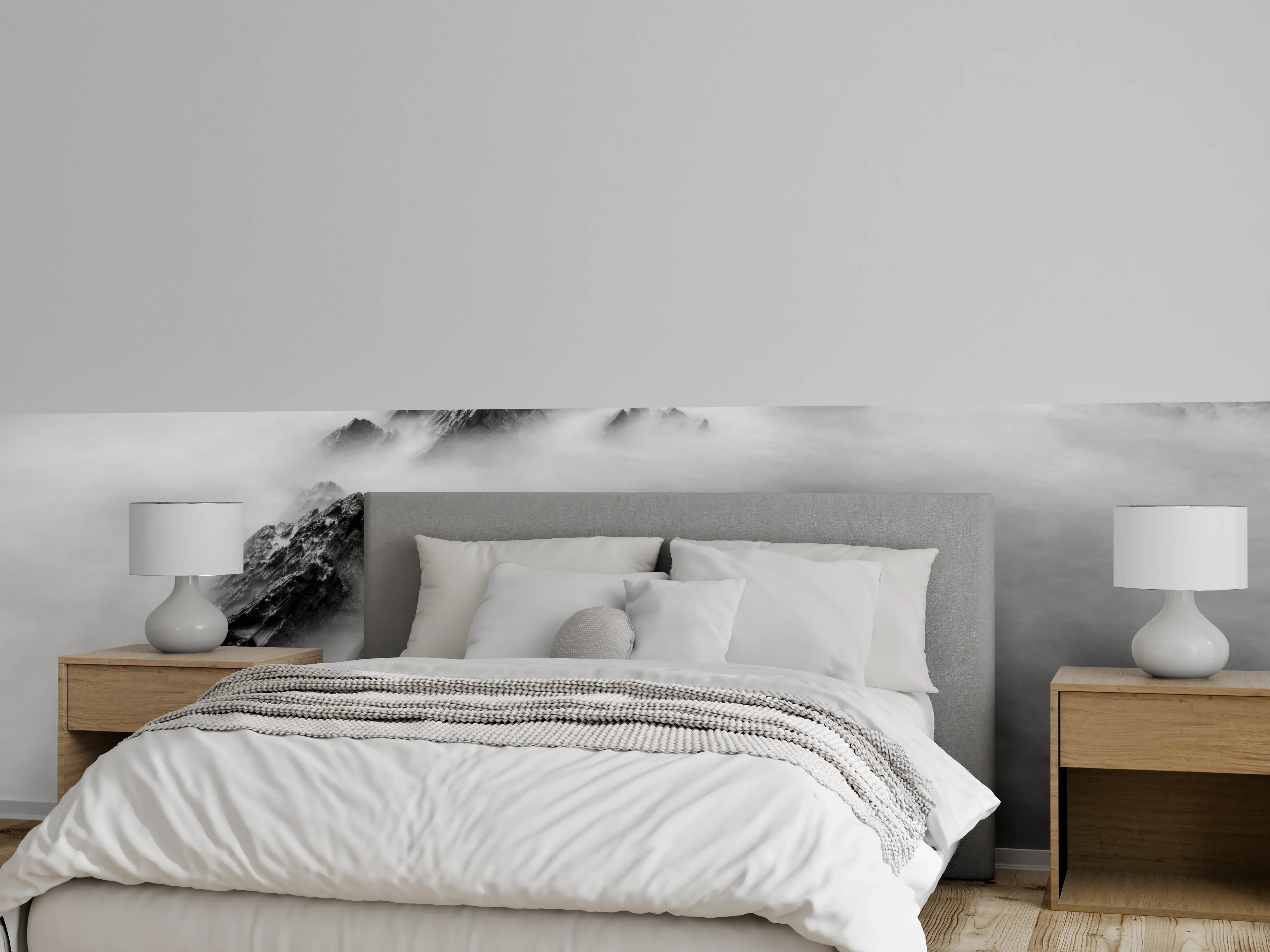 Wandverkleidung Schlafzimmer - Mystische Felsen im weißen Nebelmeer