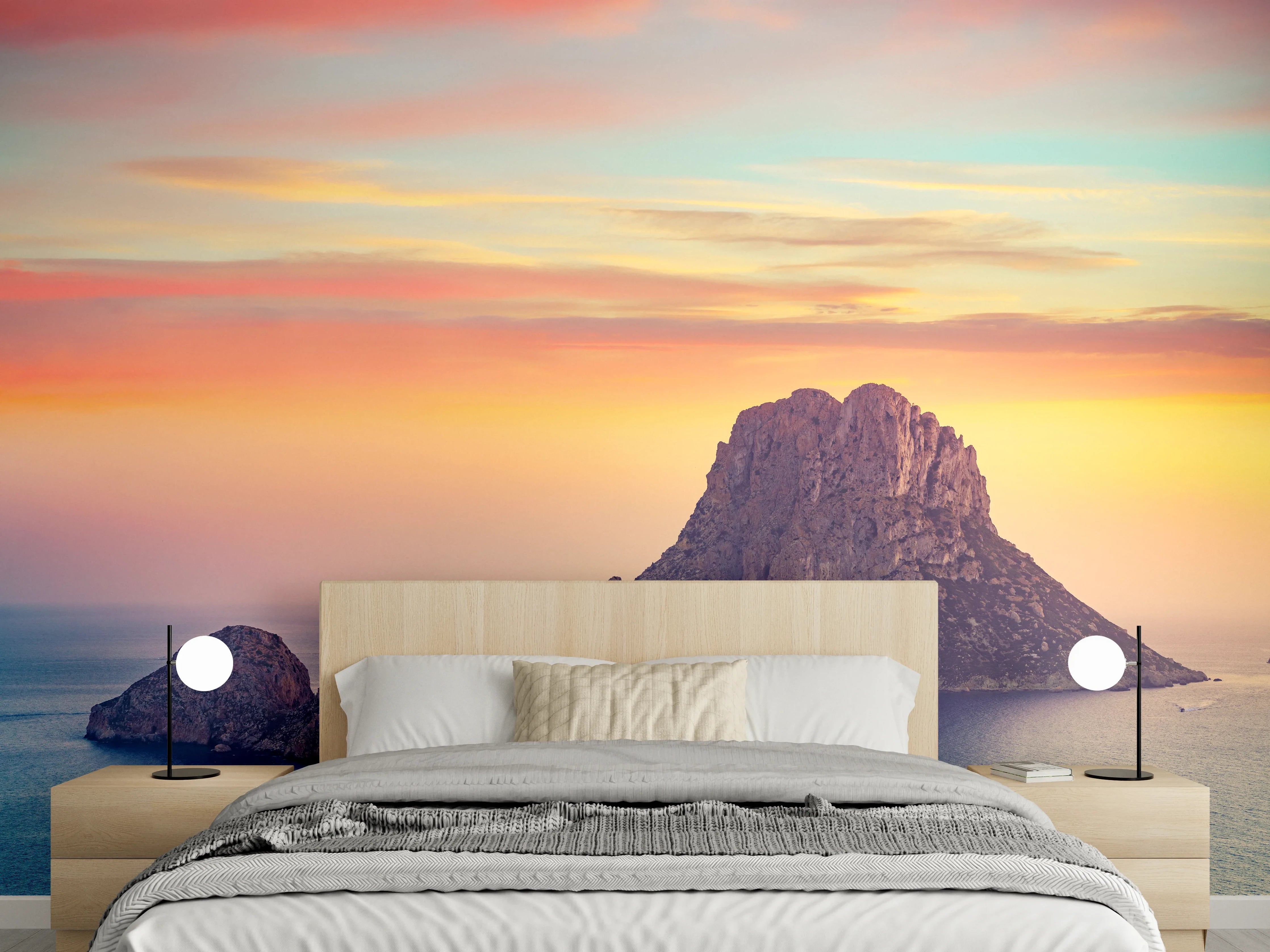 Wandverkleidung Schlafzimmer - Mystische Felseninsel im Sonnenuntergang