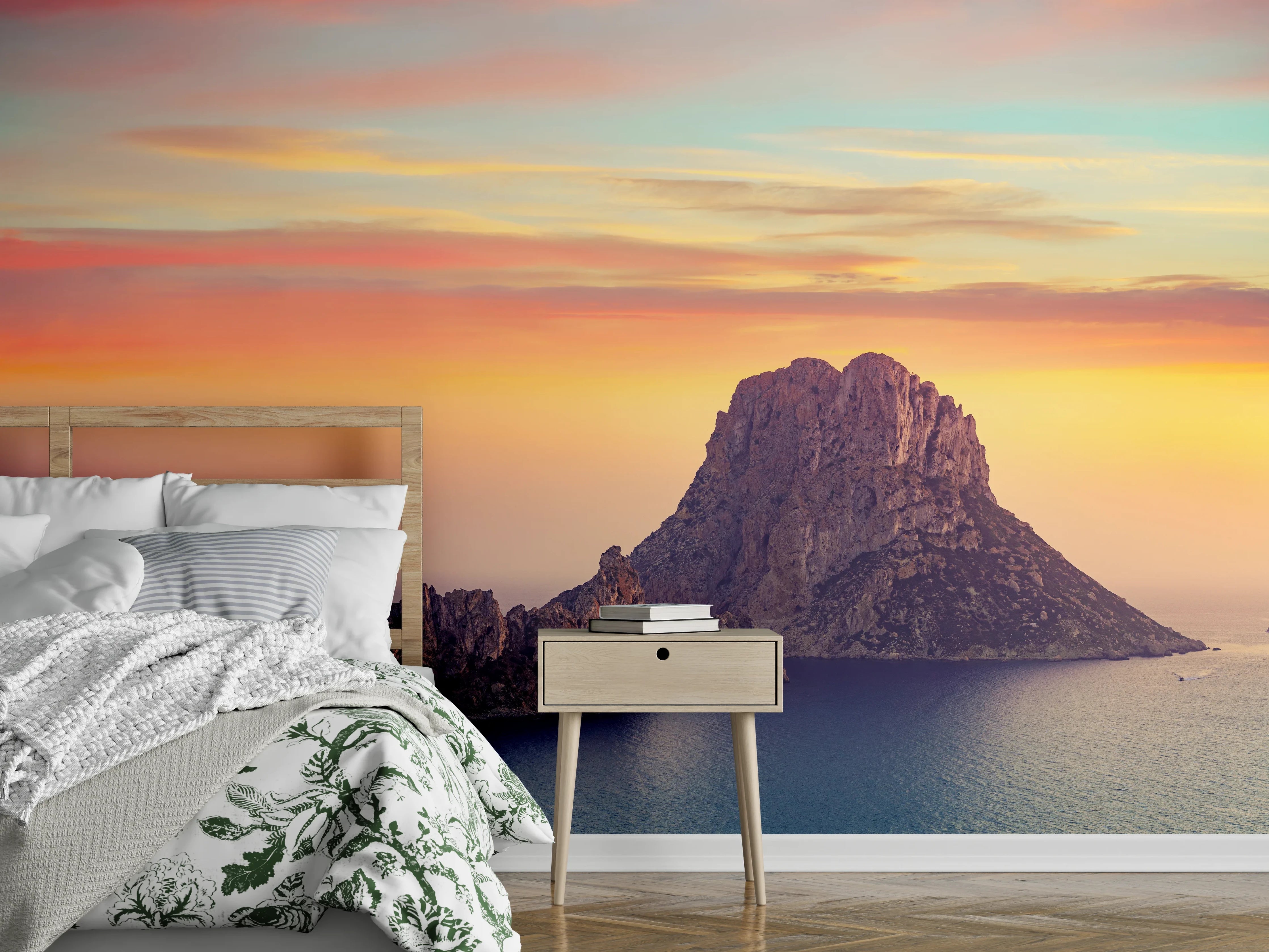Wandverkleidung Schlafzimmer - Mystische Felseninsel im Sonnenuntergang
