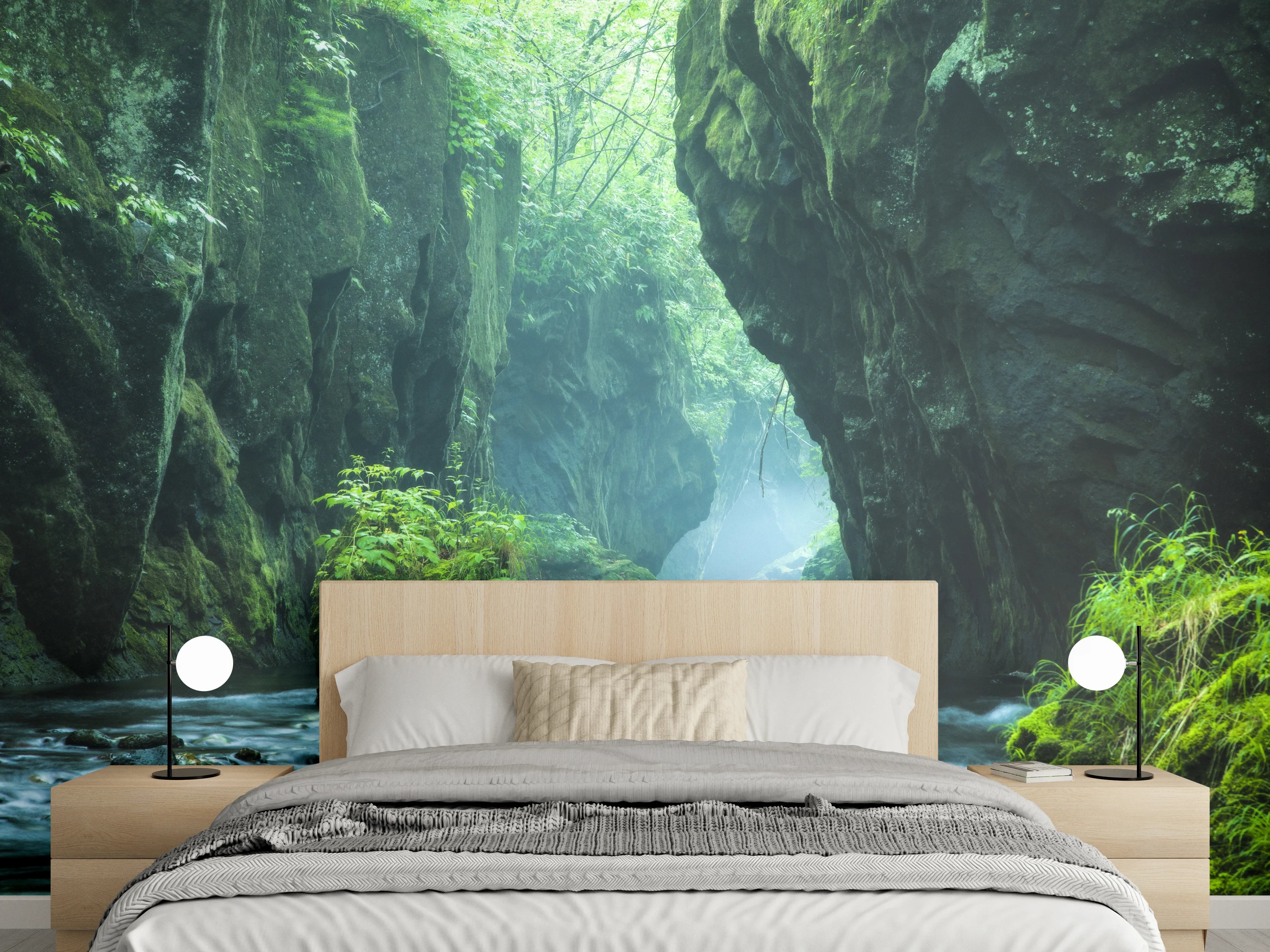 Wandverkleidung Schlafzimmer - Mystische Flusslandschaft im grünen Canyon