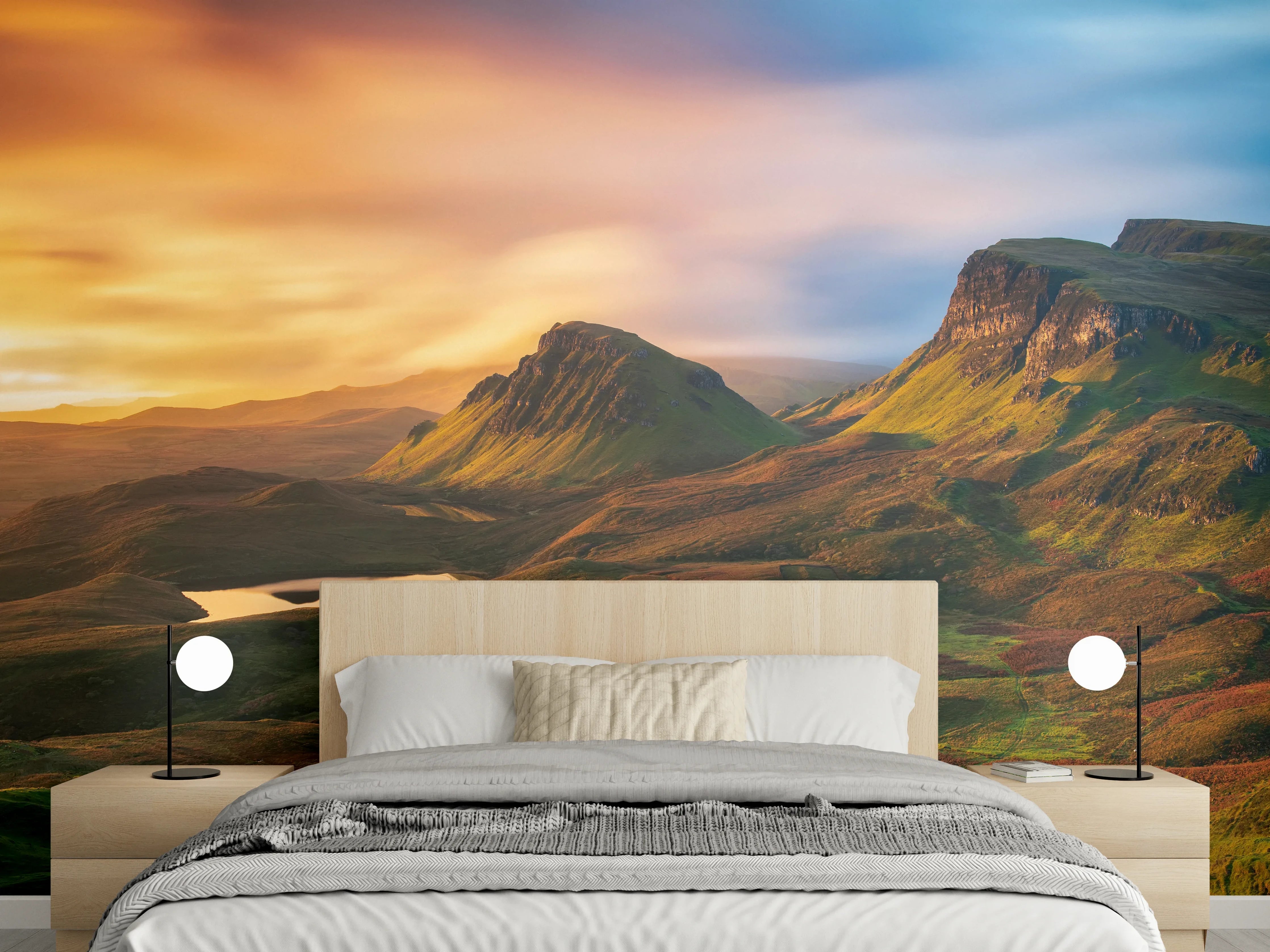 Wandverkleidung Schlafzimmer - Mystische Landschaft im Sonnenuntergang