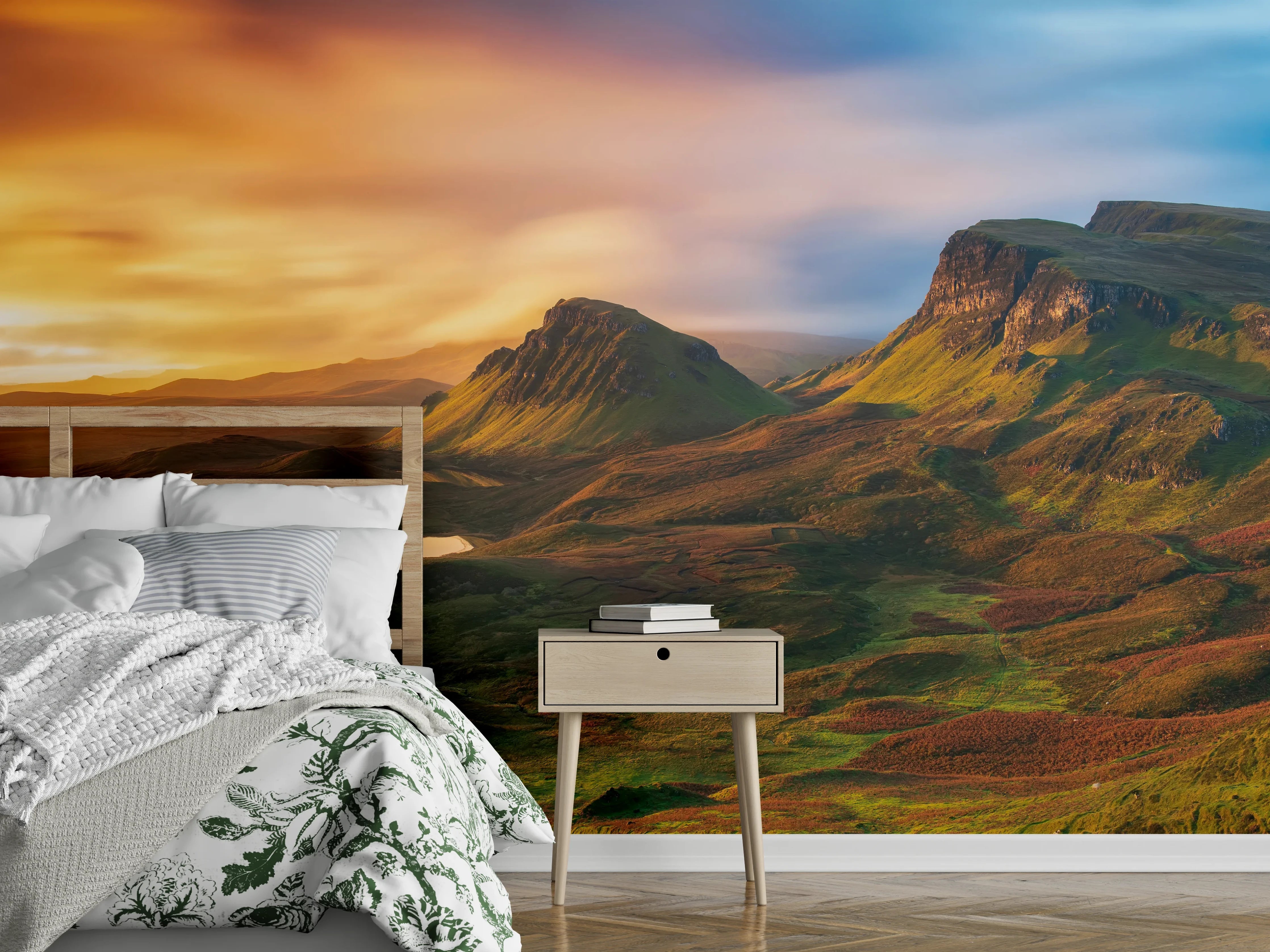 Wandverkleidung Schlafzimmer - Mystische Landschaft im Sonnenuntergang