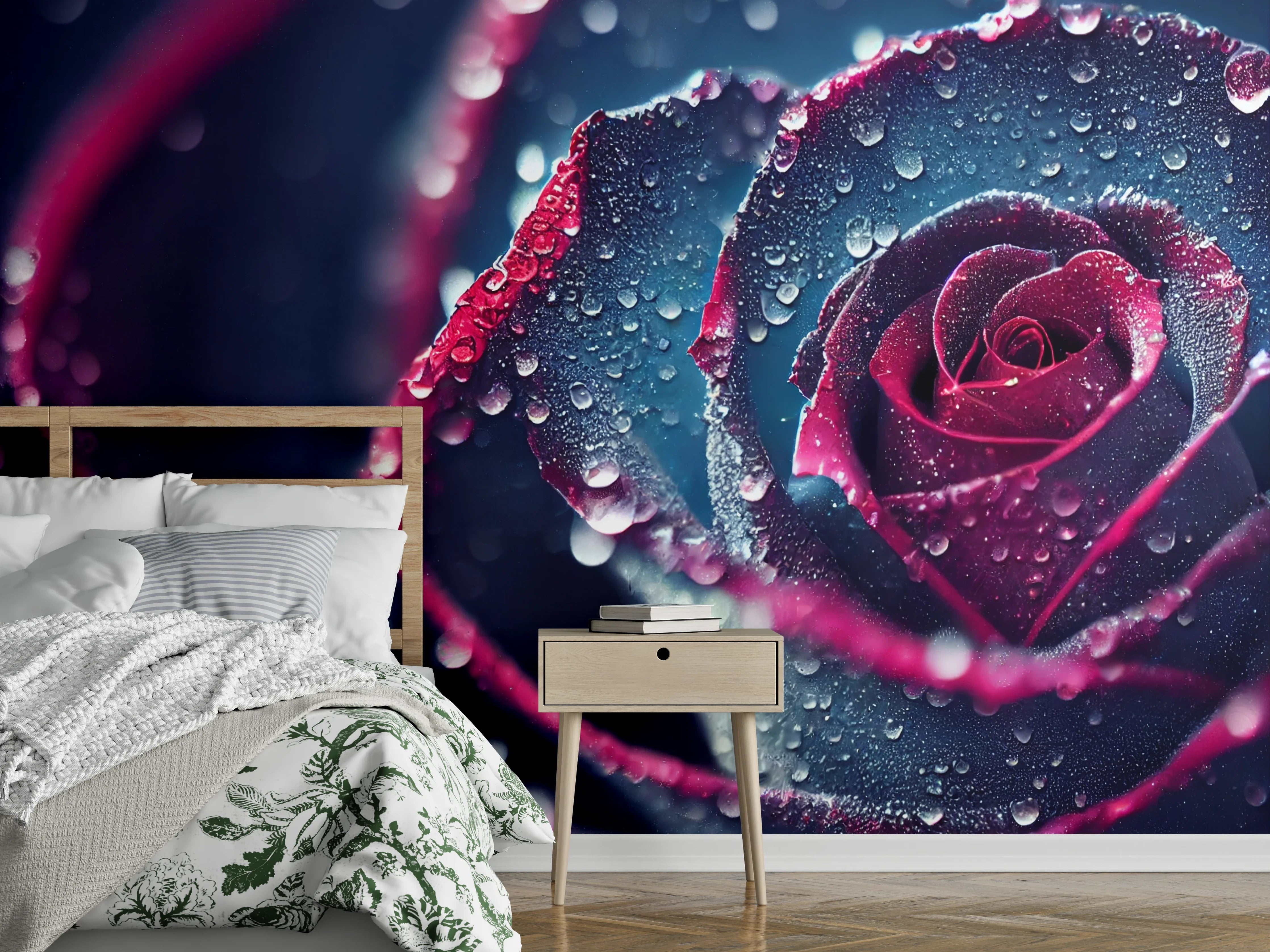 Wandverkleidung Schlafzimmer - Mystische blaue Rose mit Tautropfen