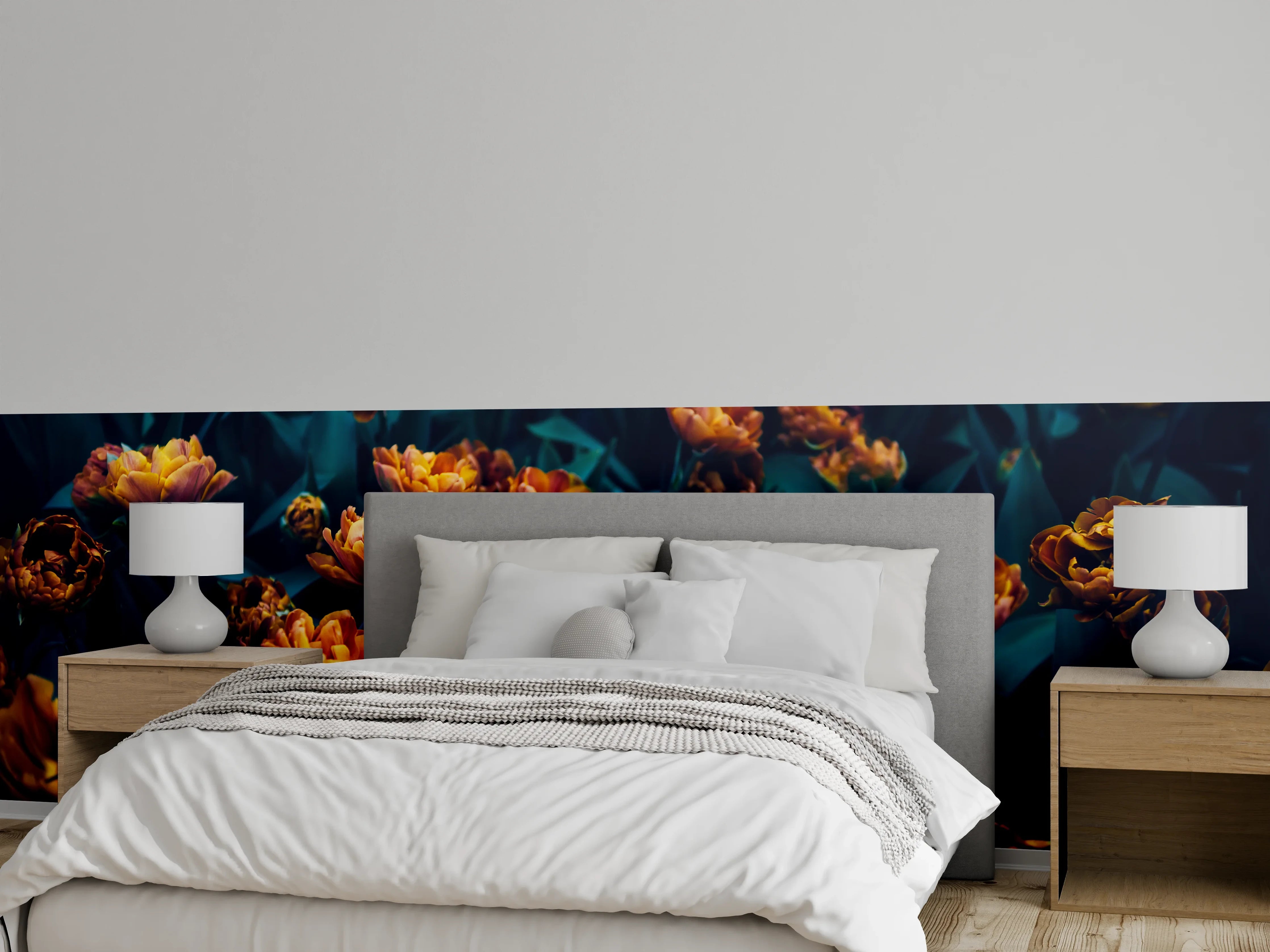 Wandverkleidung Schlafzimmer - Mystische orangefarbene Tulpen im Dunkel