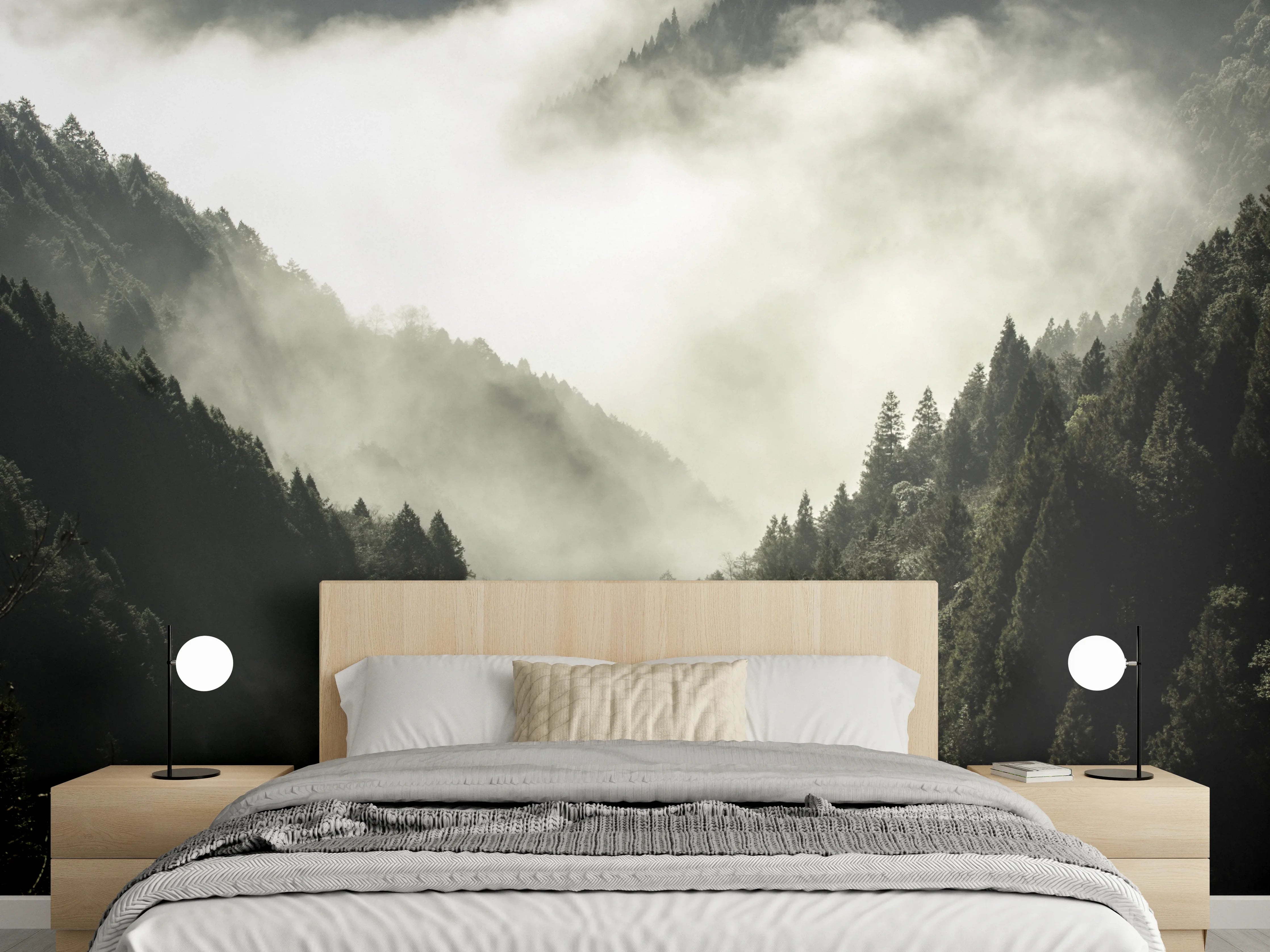 Wandverkleidung Schlafzimmer - Mystischer Bergnebel im Wald