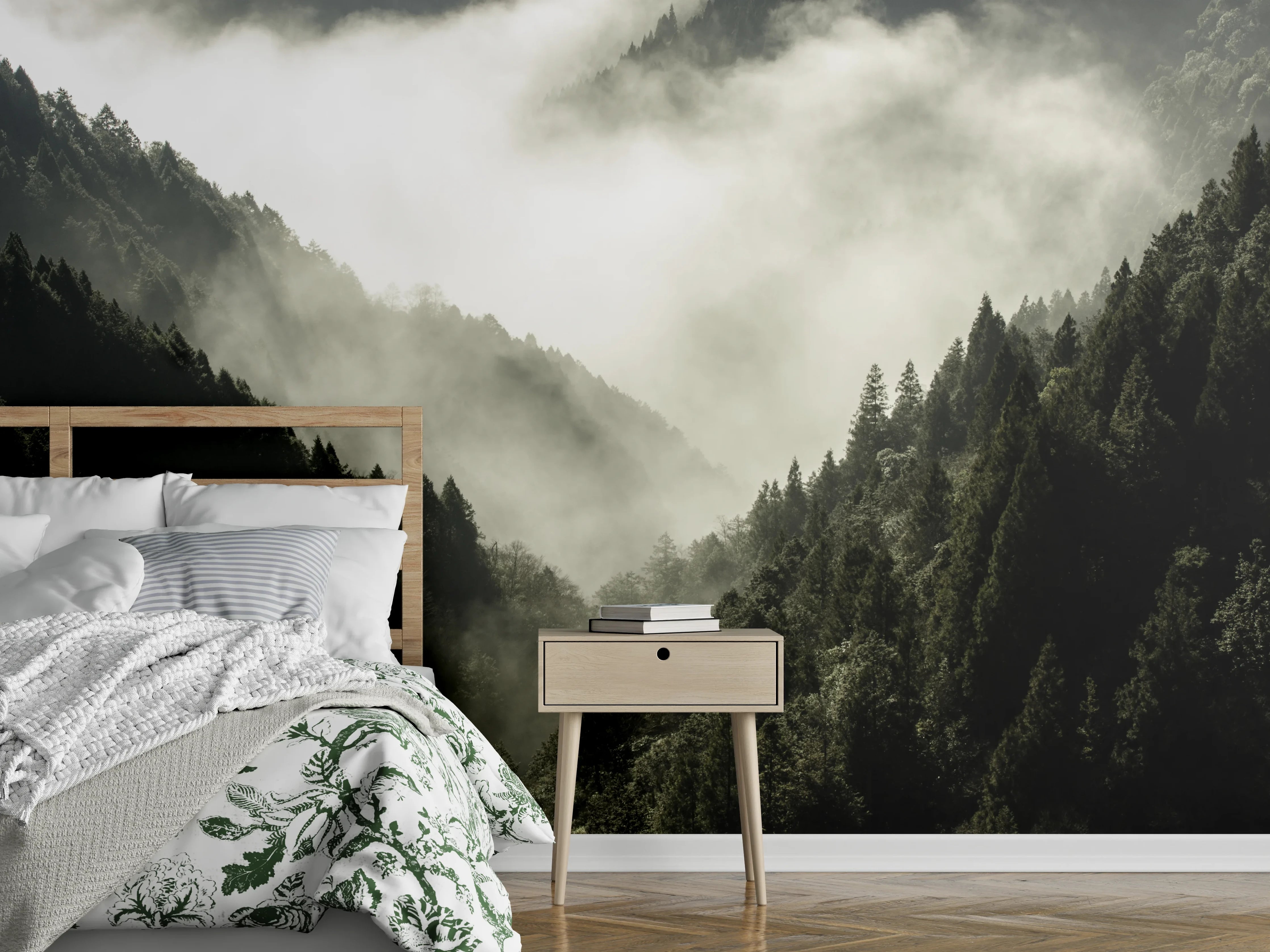 Wandverkleidung Schlafzimmer - Mystischer Bergnebel im Wald