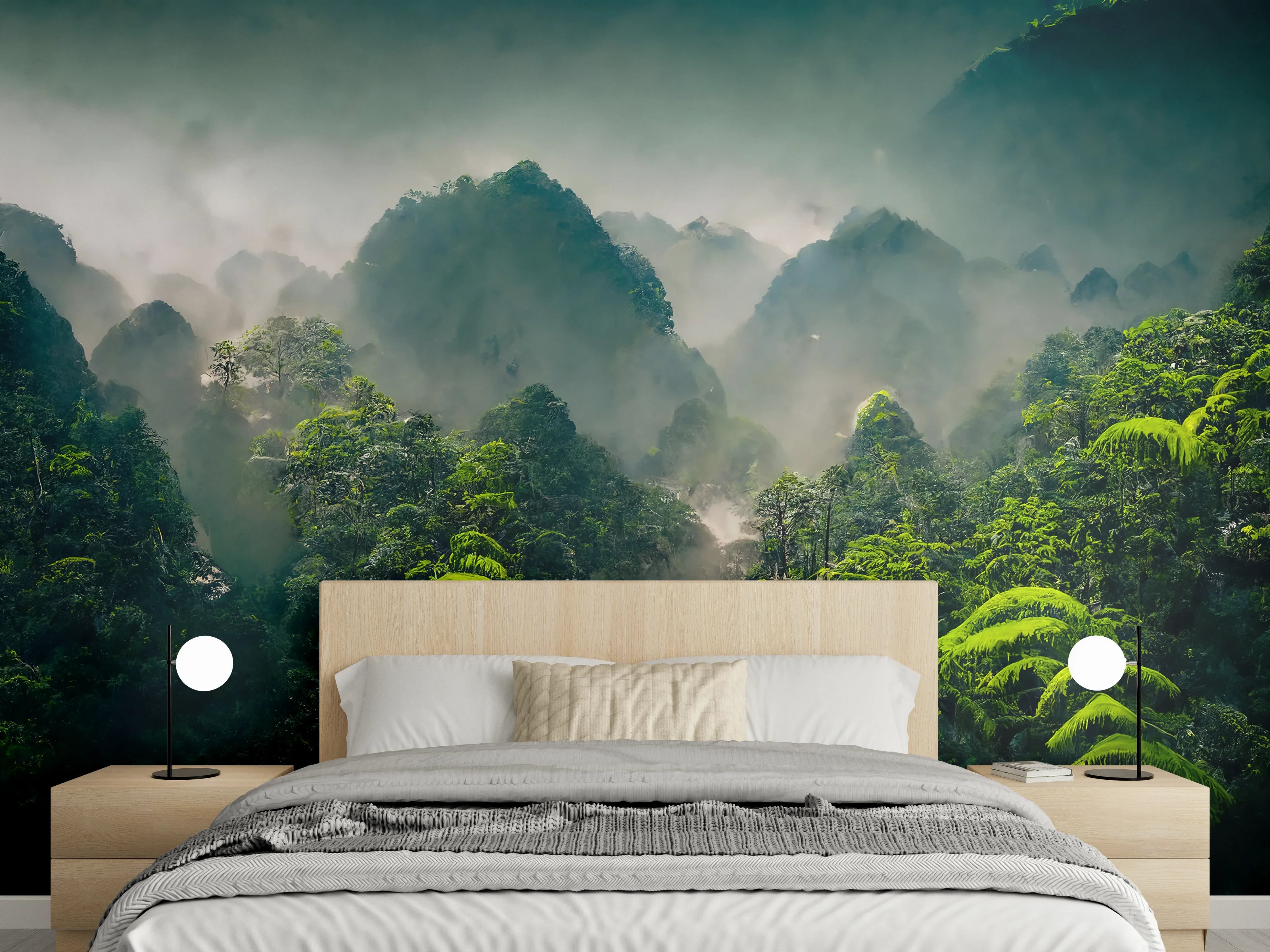 Wandverkleidung Schlafzimmer - Mystischer Dschungel – Nebelgrünes Panorama