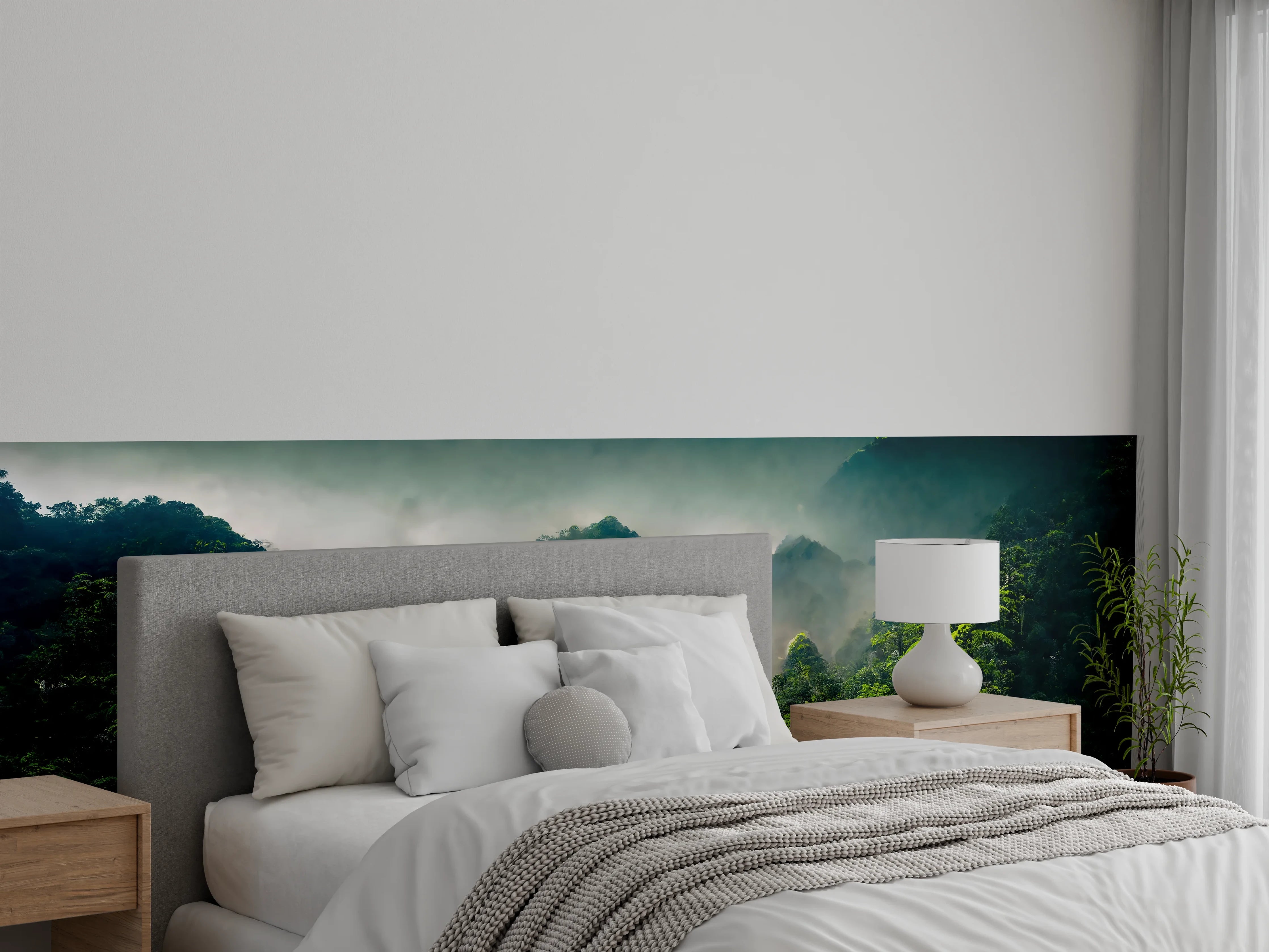 Wandverkleidung Schlafzimmer - Mystischer Dschungel – Nebelgrünes Panorama