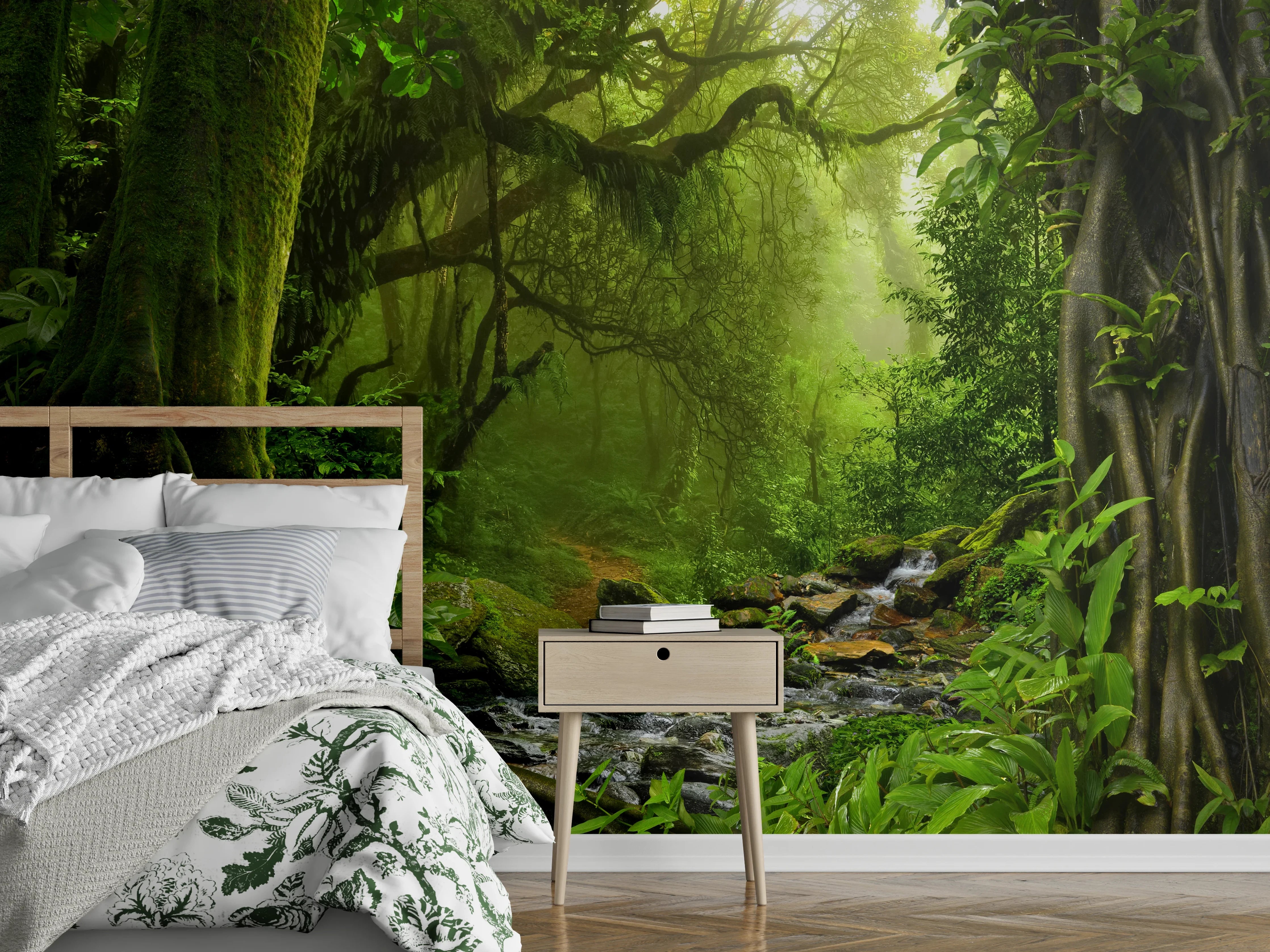Wandverkleidung Schlafzimmer - Mystischer Dschungel am Bachlauf
