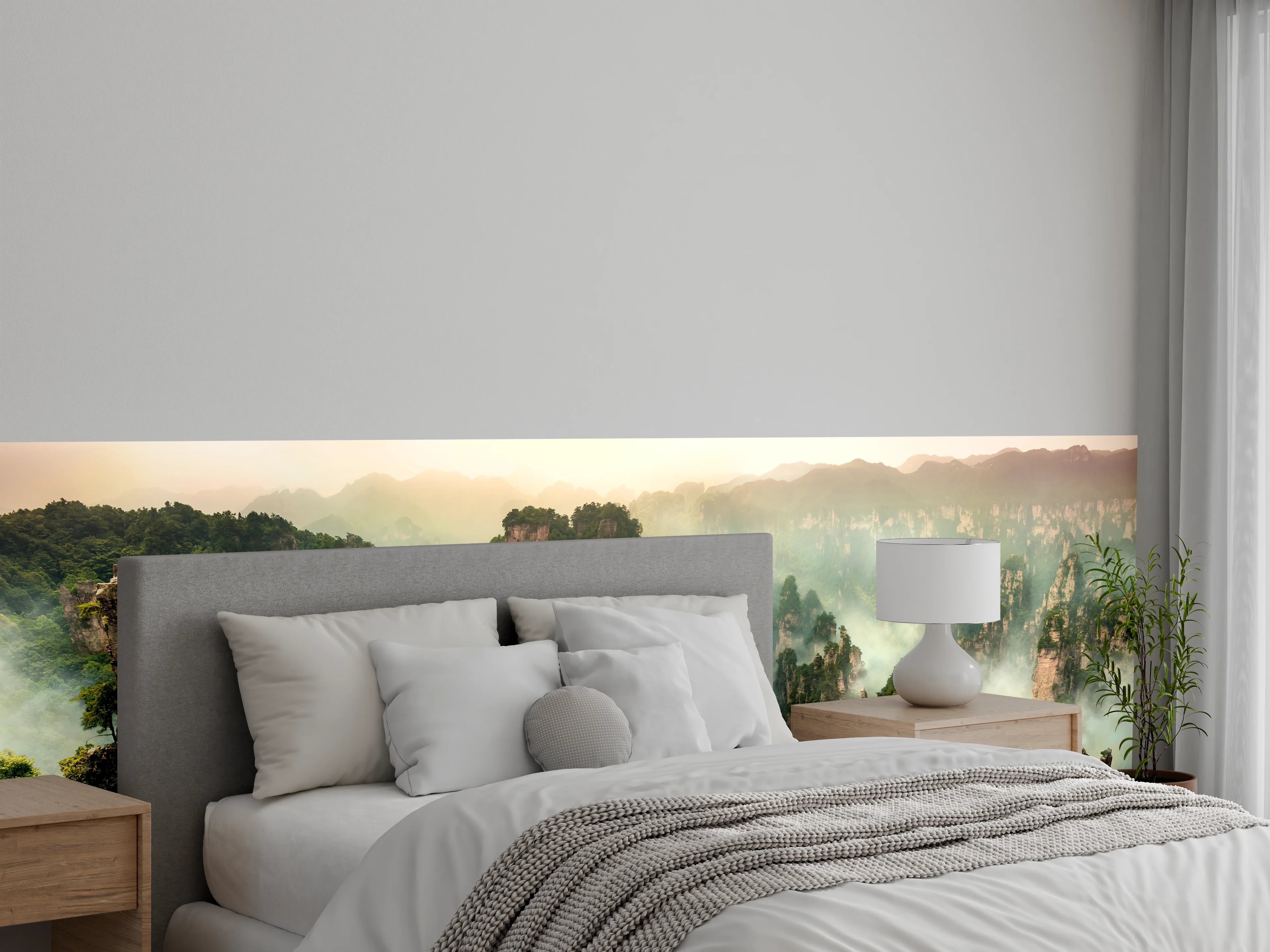 Wandverkleidung Schlafzimmer - Mystischer Urwald mit Felsen im Nebel