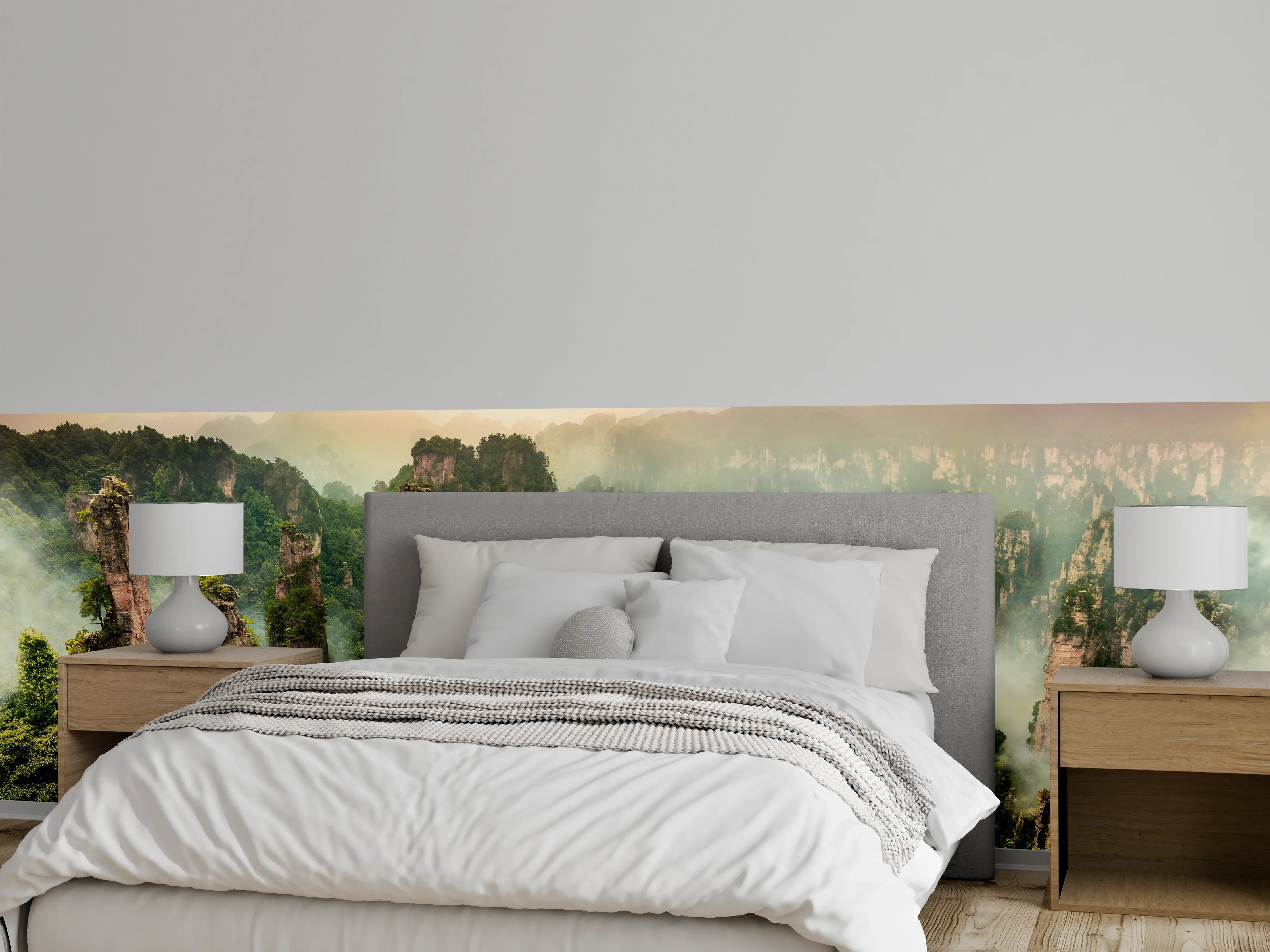 Wandverkleidung Schlafzimmer - Mystischer Urwald mit Felsen im Nebel
