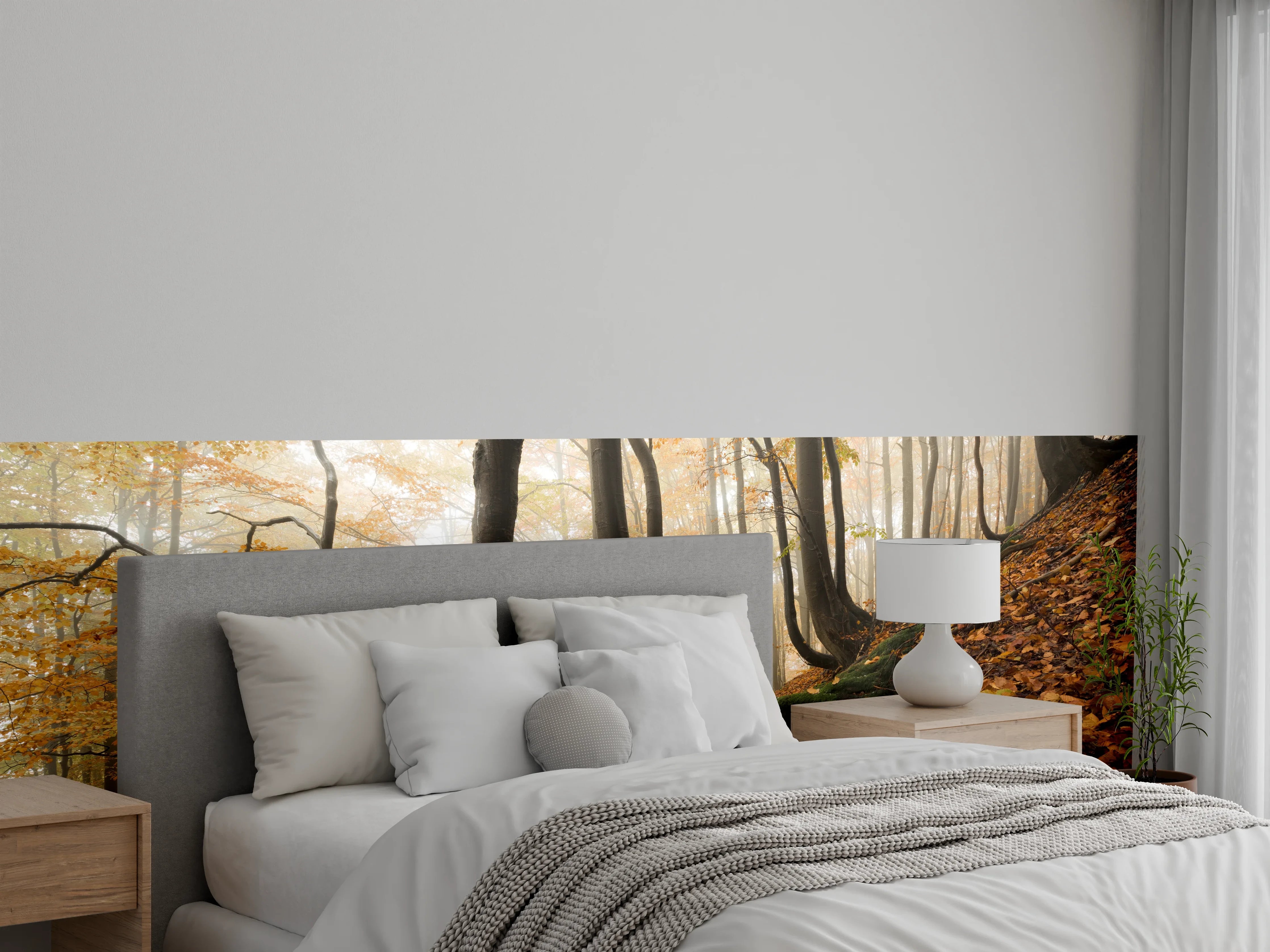 Wandverkleidung Schlafzimmer - Mystischer Wald im Herbstnebel