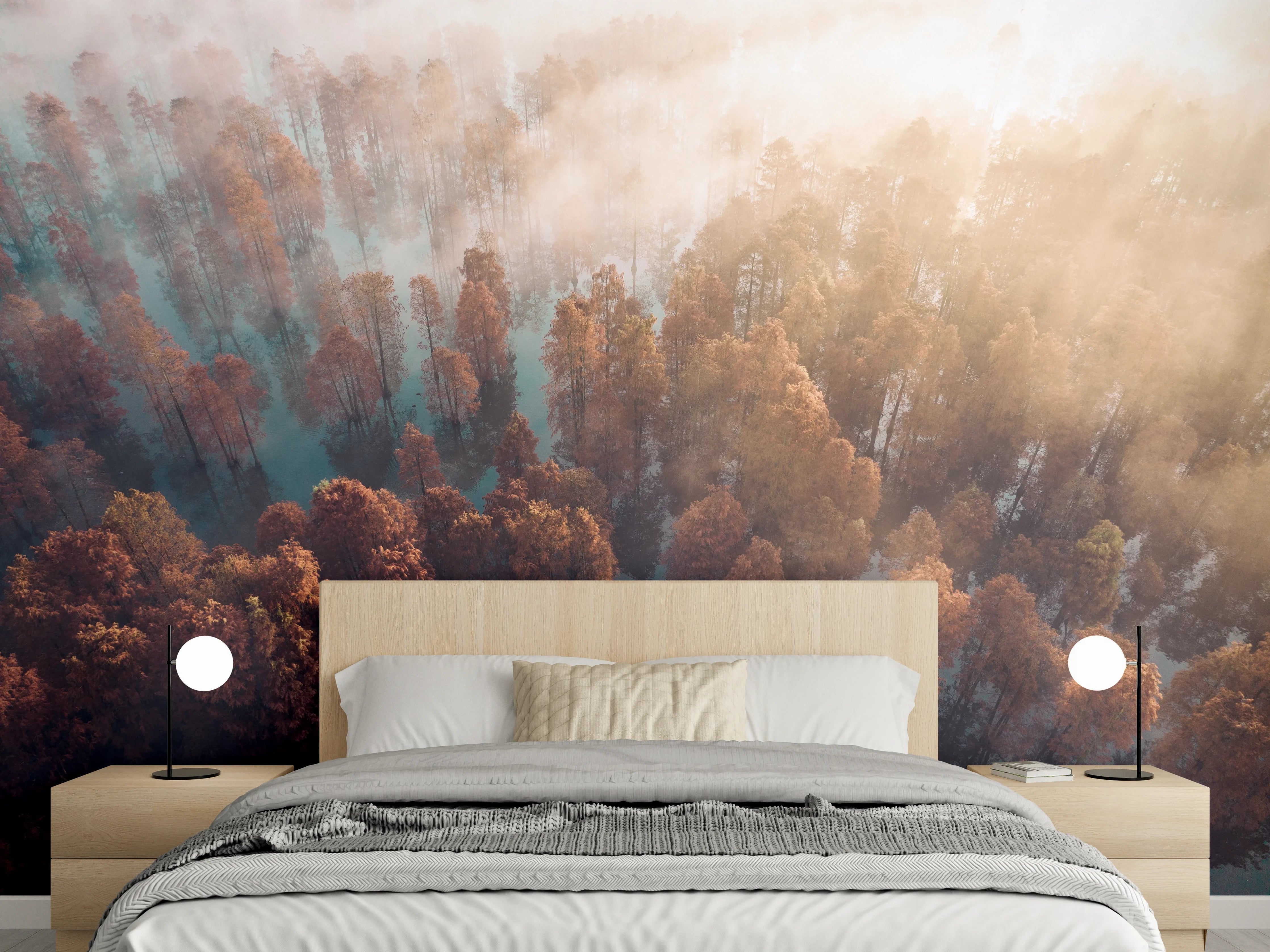 Wandverkleidung Schlafzimmer - Mystischer Wald im Nebel – Luftbild