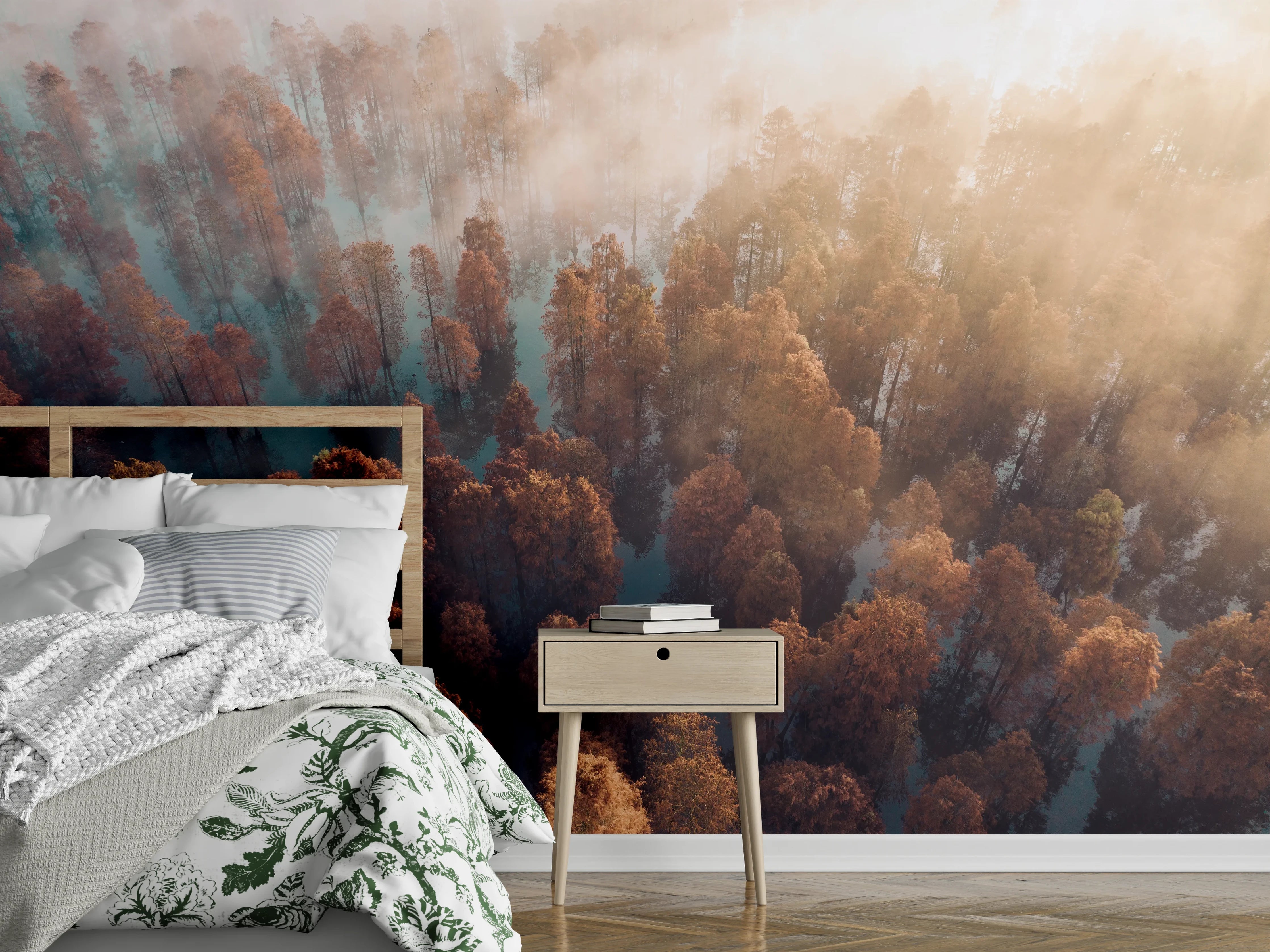 Wandverkleidung Schlafzimmer - Mystischer Wald im Nebel – Luftbild