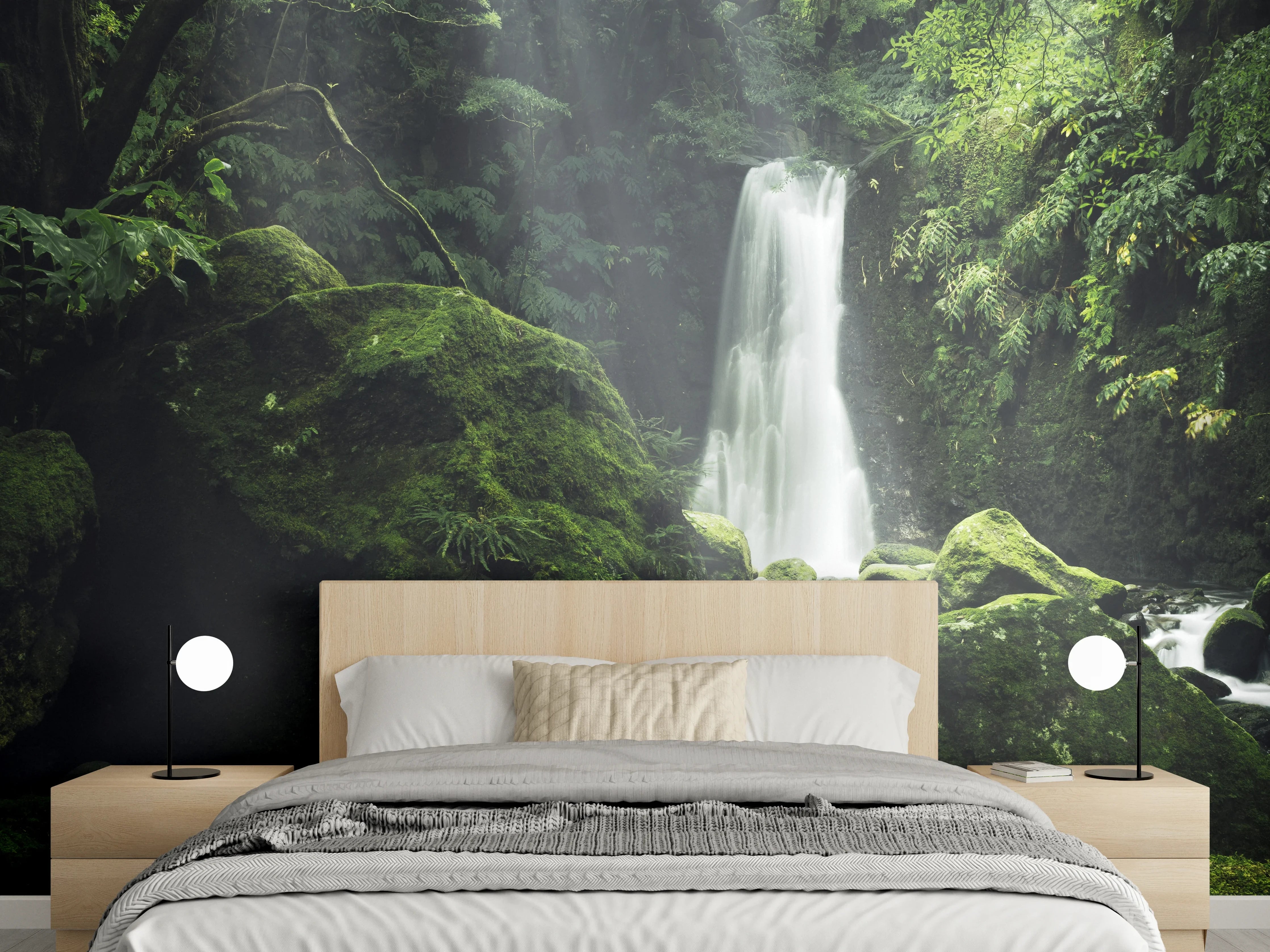 Wandverkleidung Schlafzimmer - Mystischer Waldwasserfall Panorama