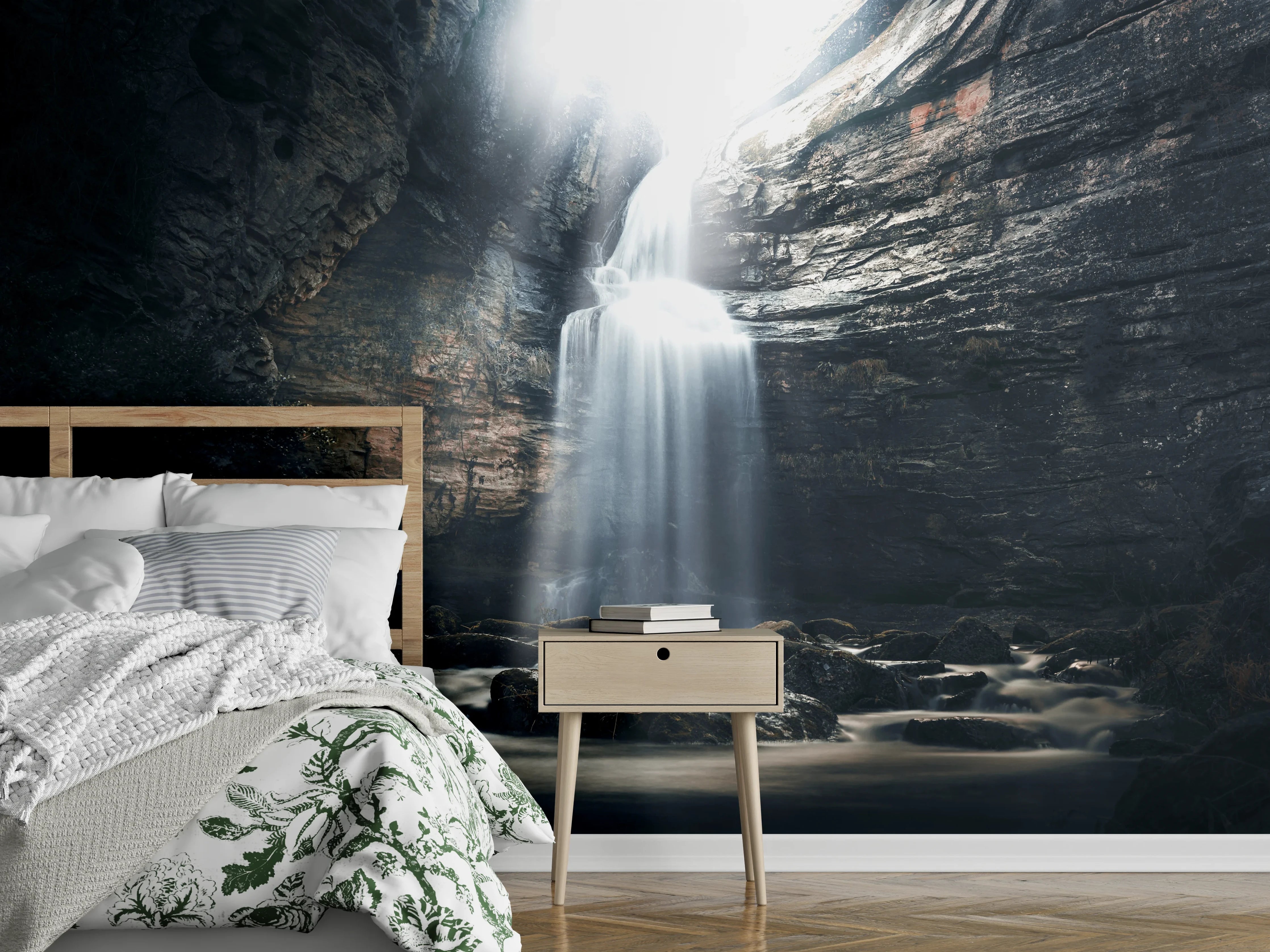 Wandverkleidung Schlafzimmer - Mystischer Wasserfall Steinlandschaft Fotomotiv