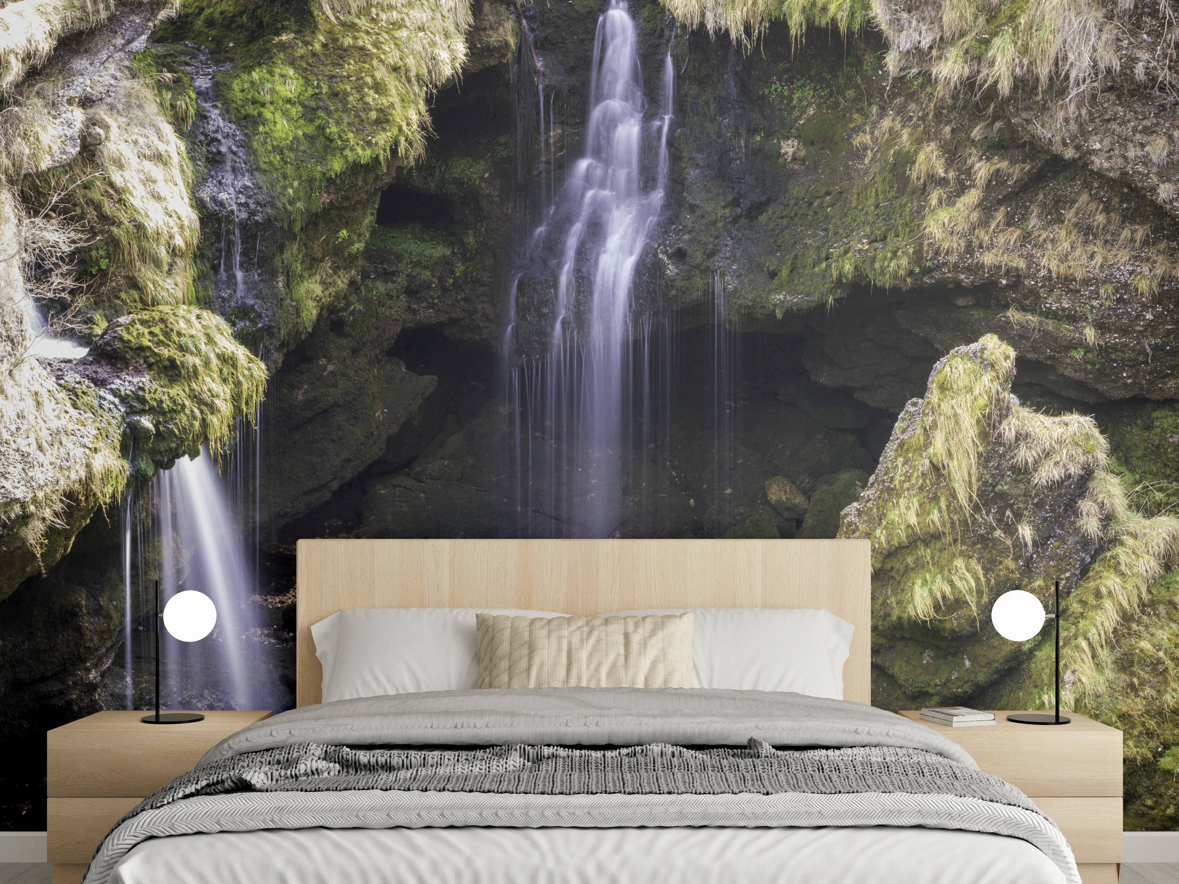 Wandverkleidung Schlafzimmer - Mystischer Wasserfall im Fjordtal