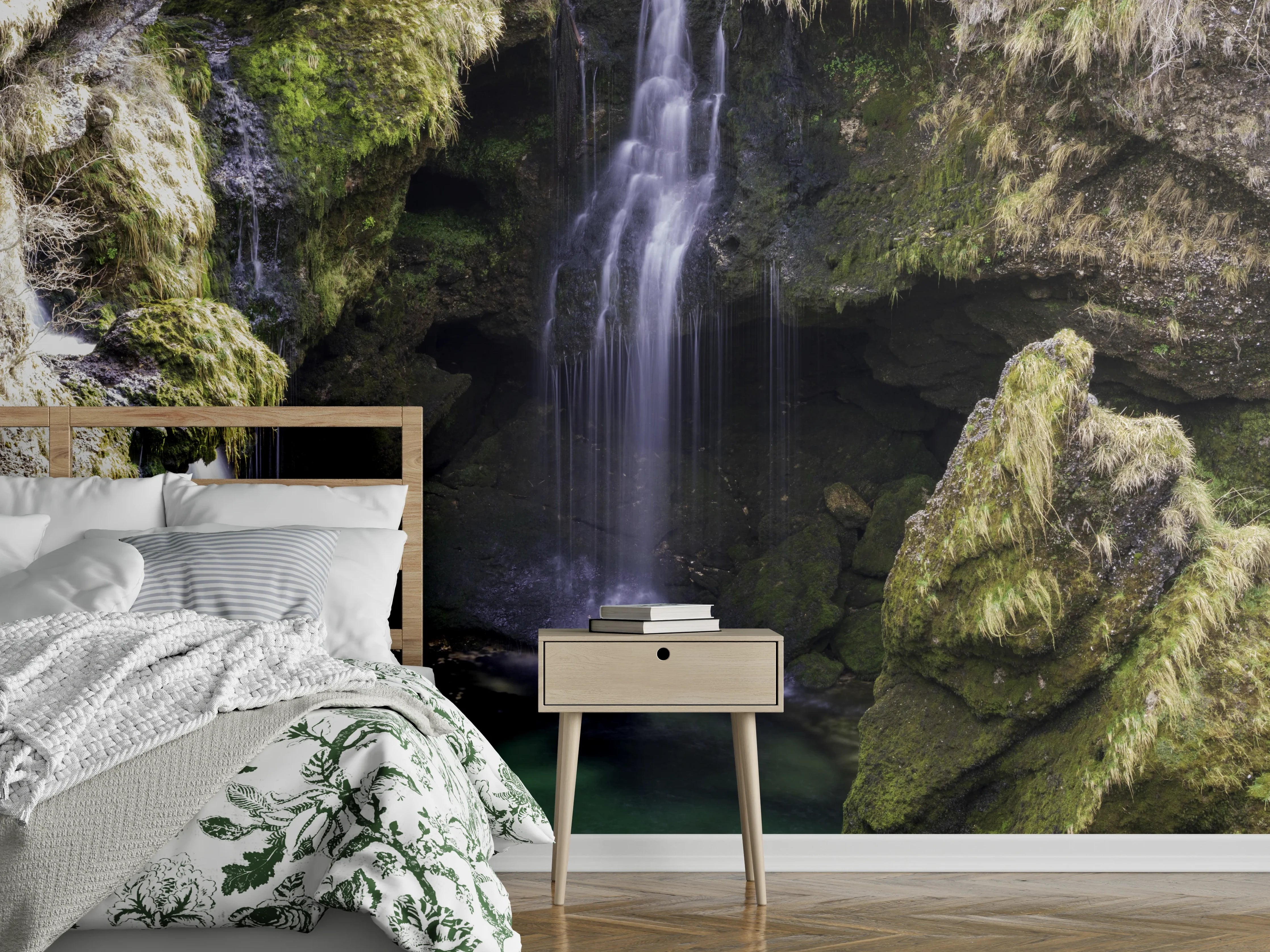 Wandverkleidung Schlafzimmer - Mystischer Wasserfall im Fjordtal
