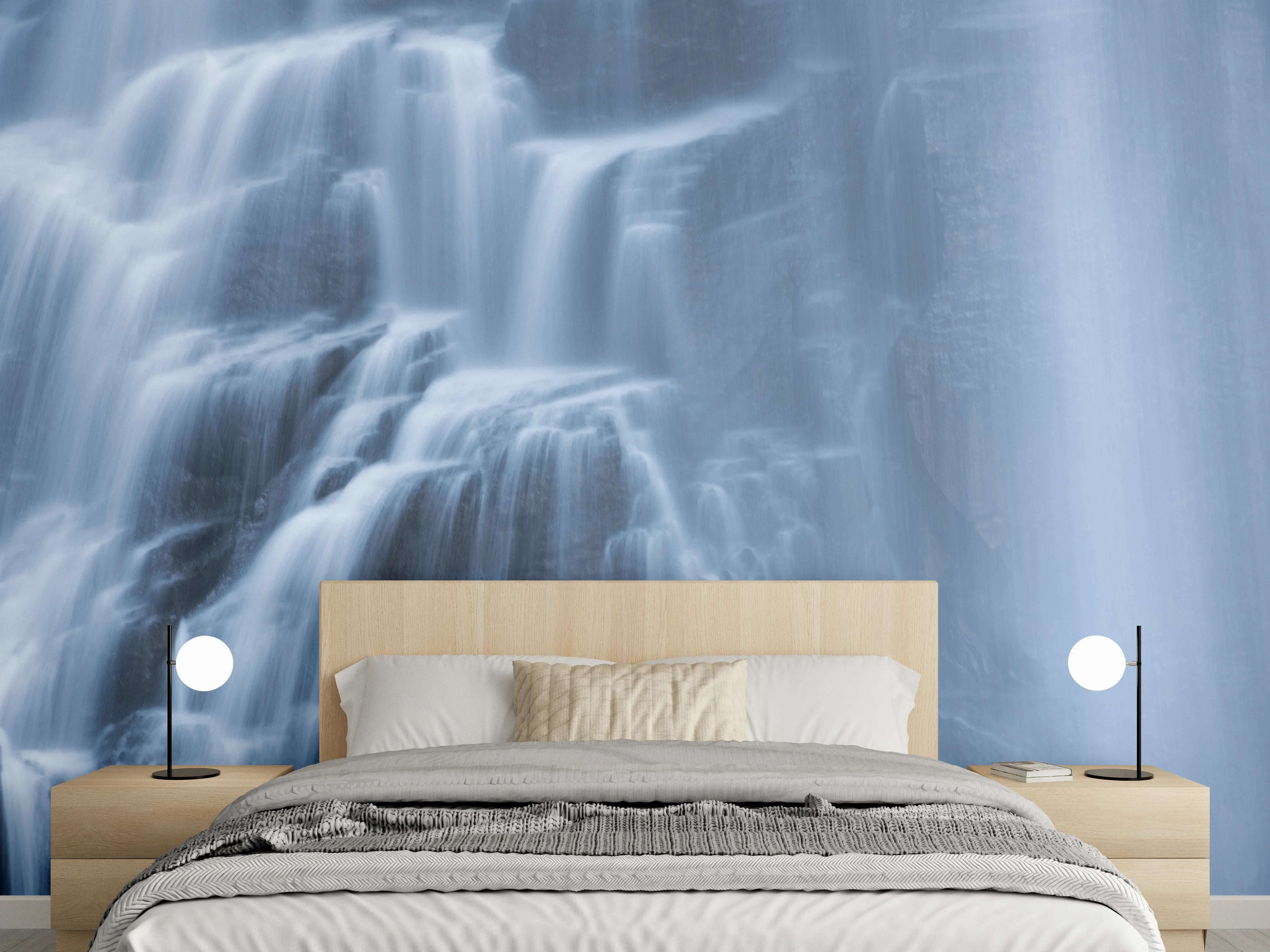 Wandverkleidung Schlafzimmer - Mystischer Wasserfall in Blau-Grau
