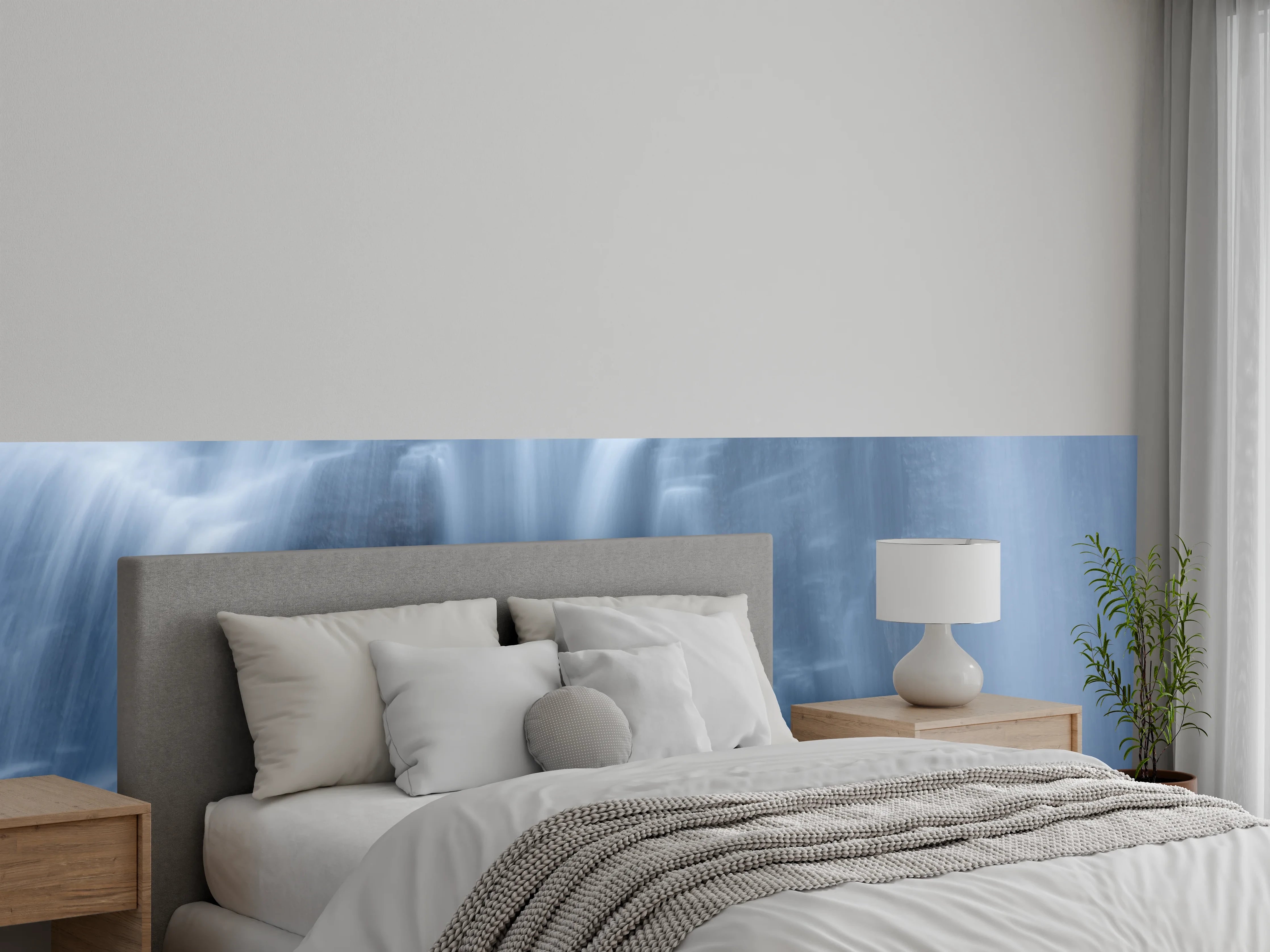 Wandverkleidung Schlafzimmer - Mystischer Wasserfall in Blau-Grau