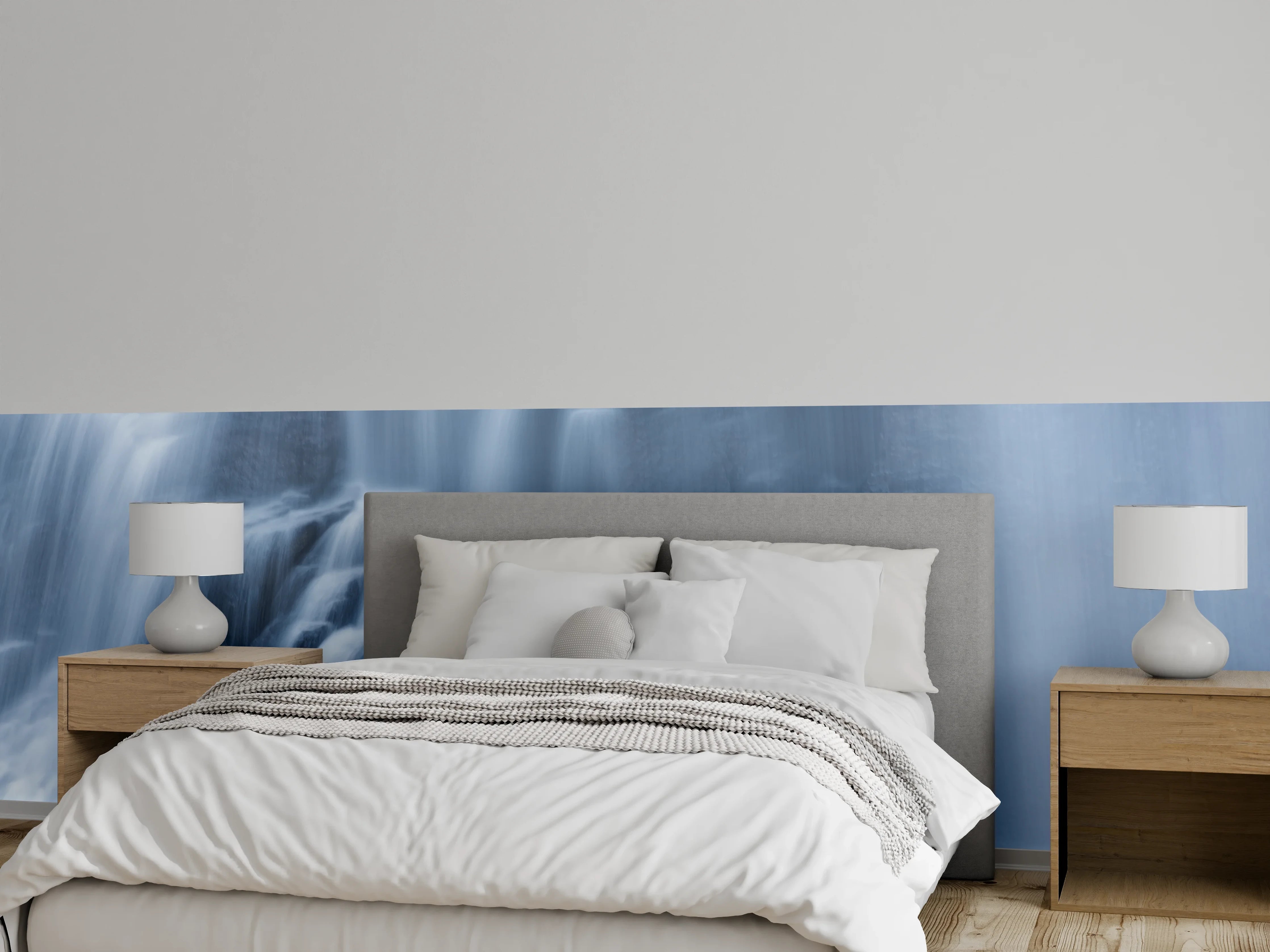 Wandverkleidung Schlafzimmer - Mystischer Wasserfall in Blau-Grau