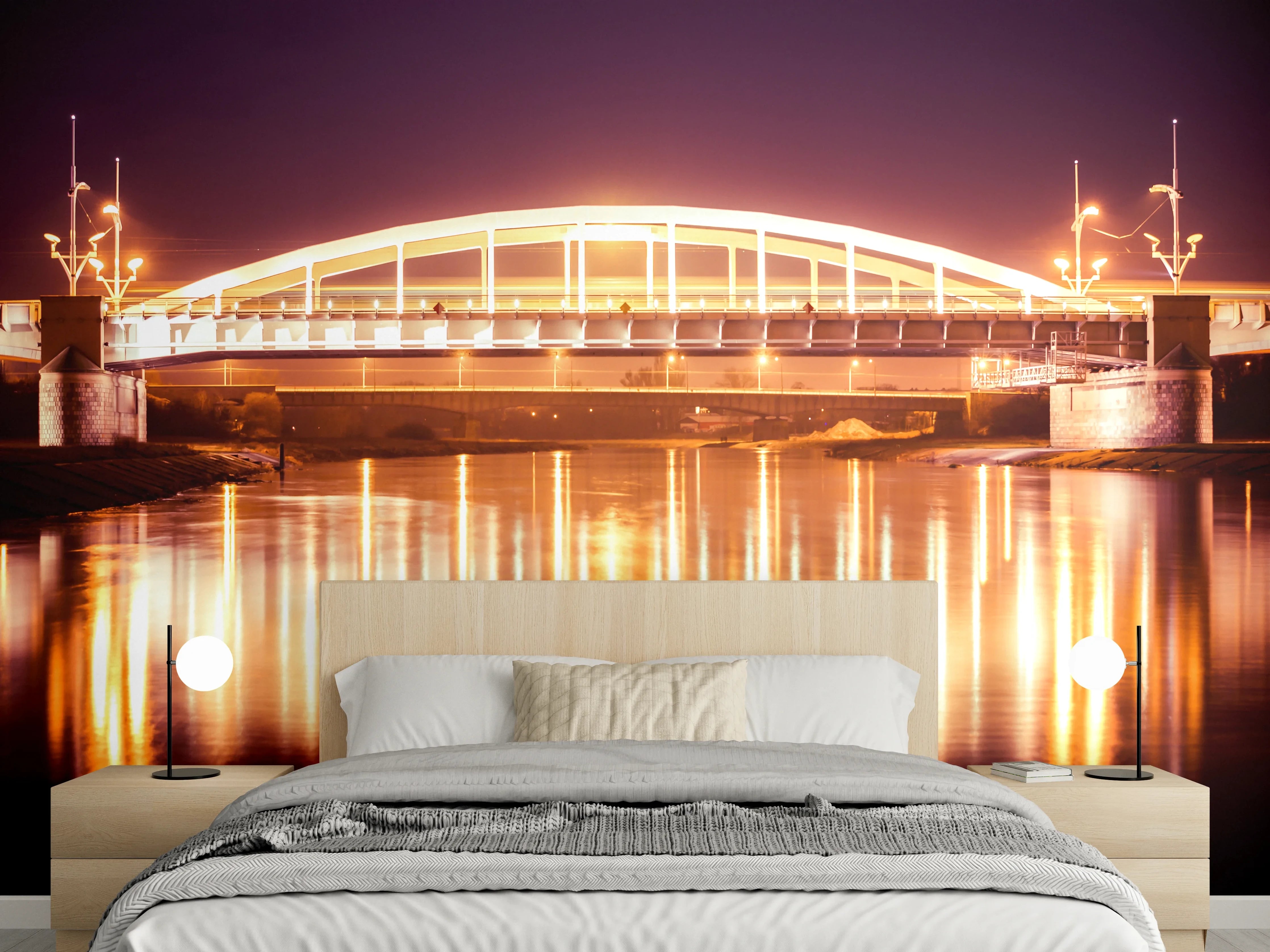 Wandverkleidung Schlafzimmer - Nacht Blick auf eine Brücke über den Fluss Warta in Posen