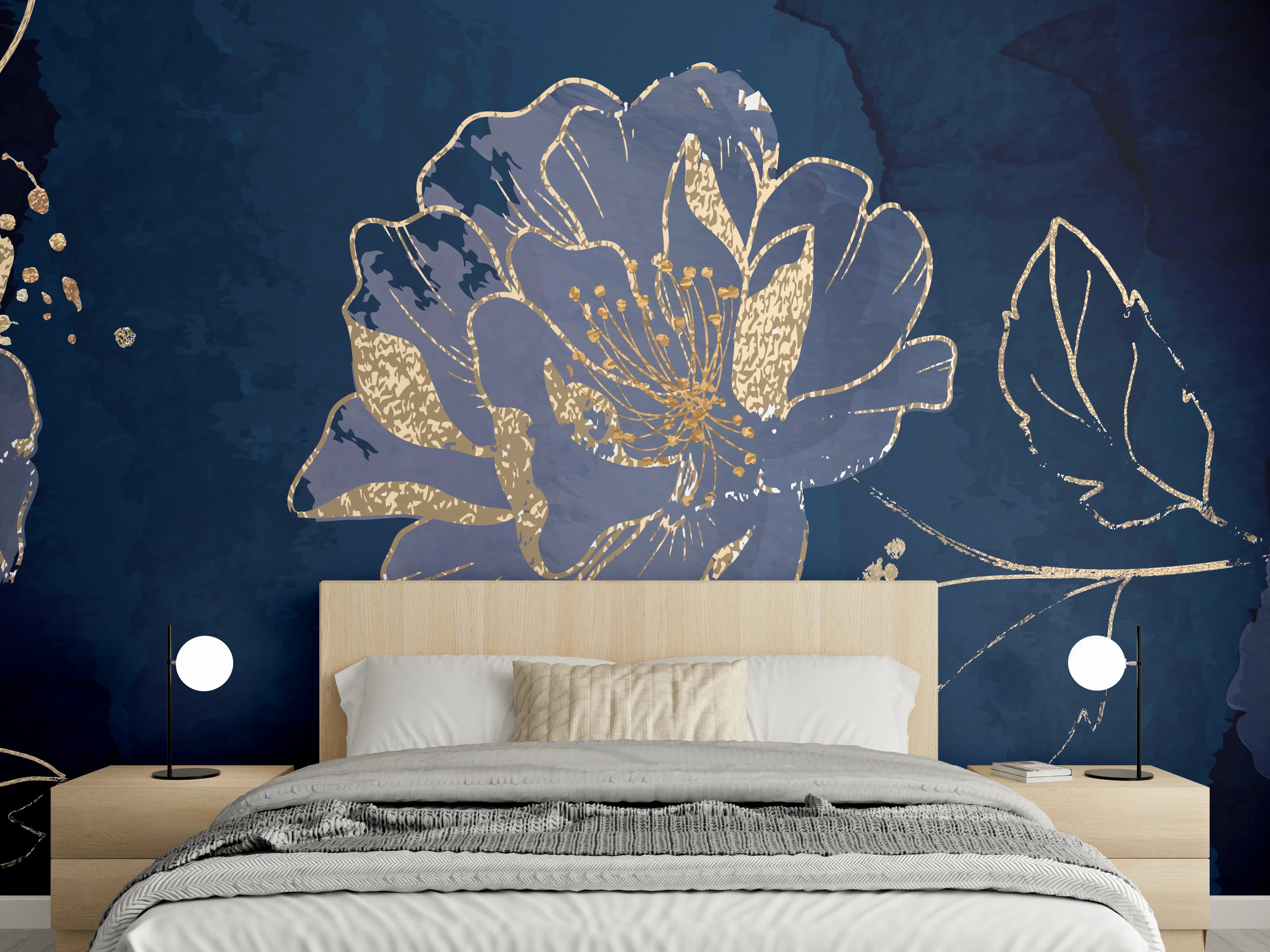 Wandverkleidung Schlafzimmer - Nachtblaue Blumen Goldakzente