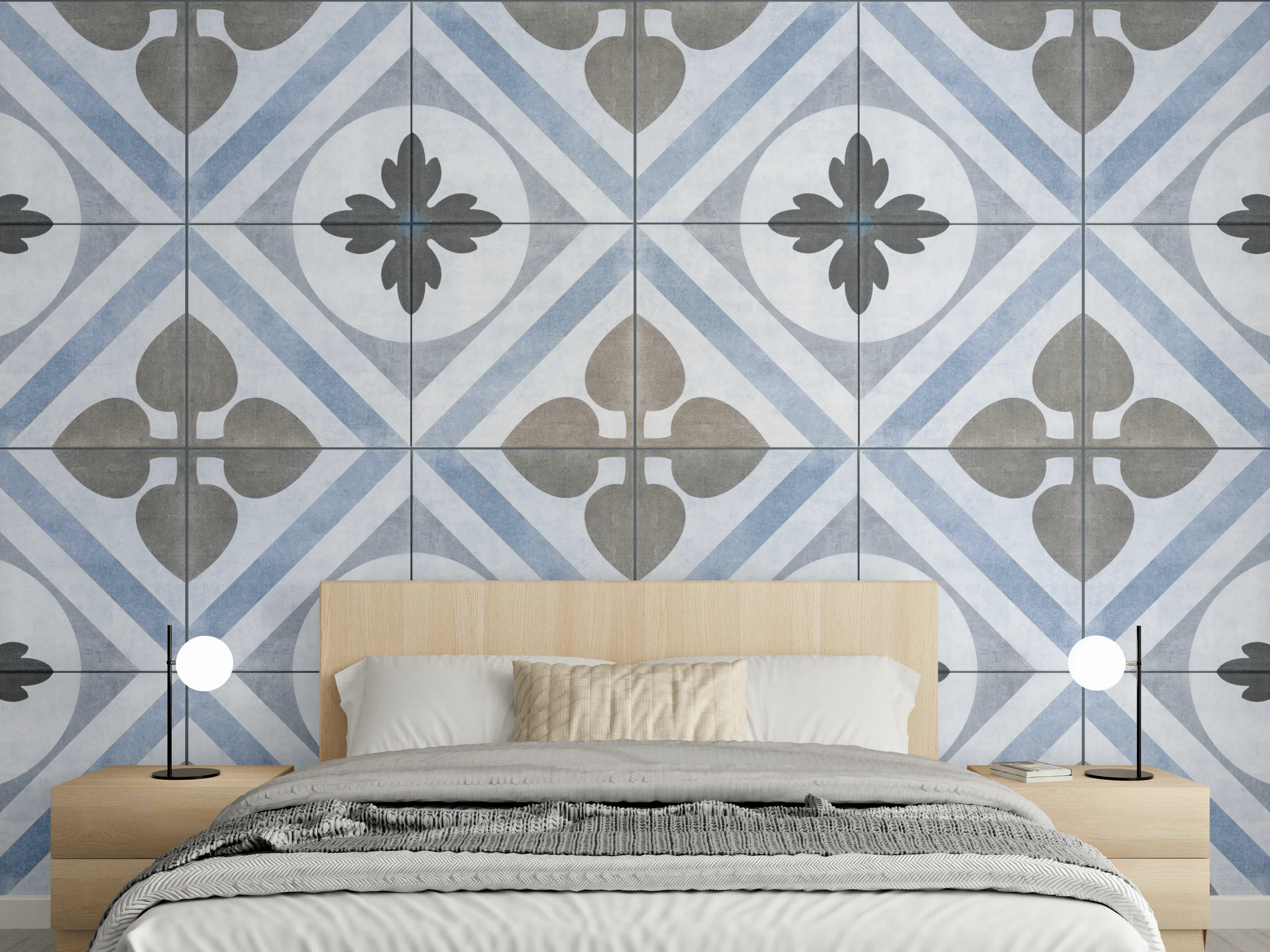 Wandverkleidung Schlafzimmer - Nahtlose blau weiß graue vintage Fliesen