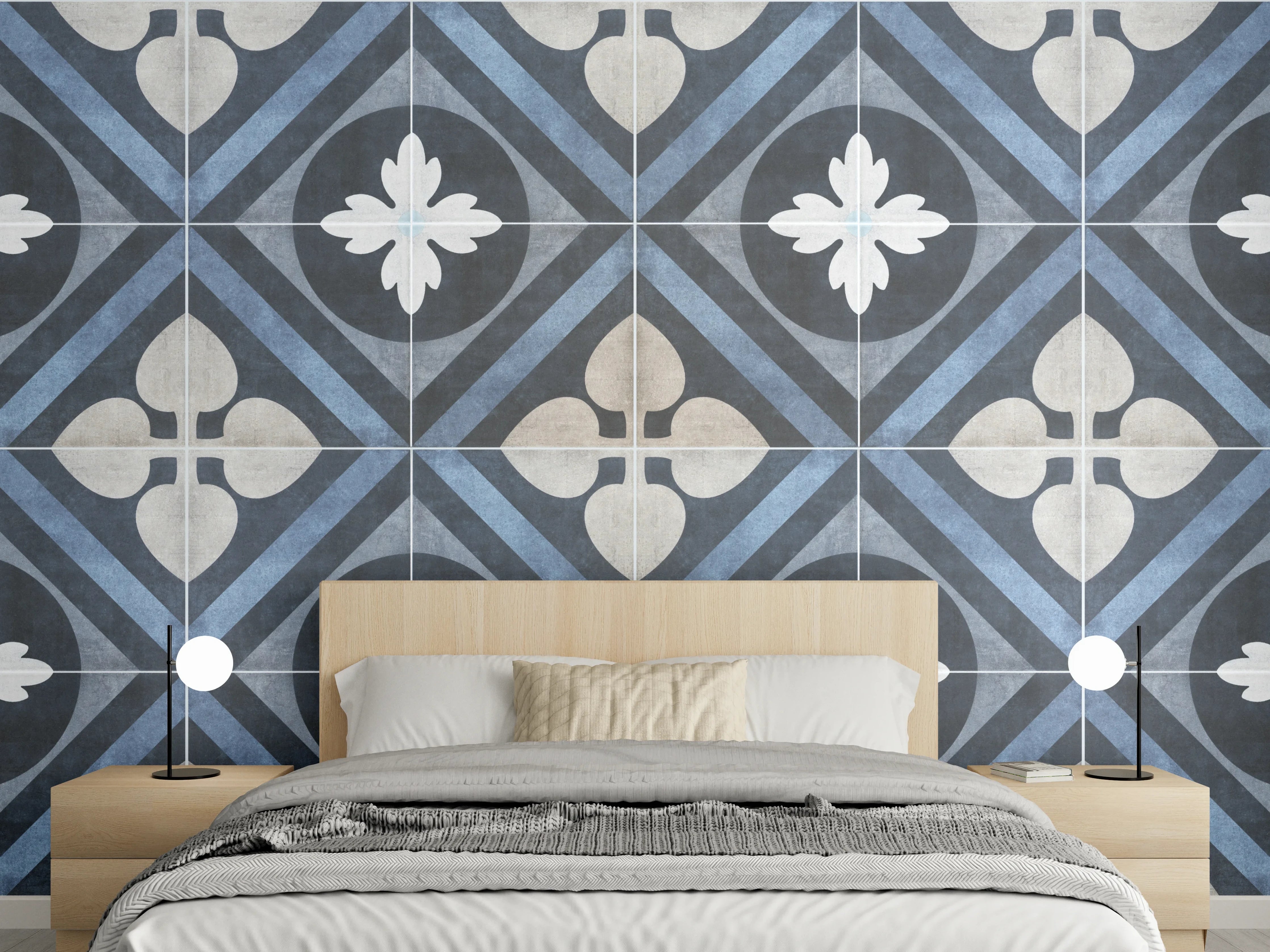 Wandverkleidung Schlafzimmer - Nahtlose blau weiße vintage Fliesen