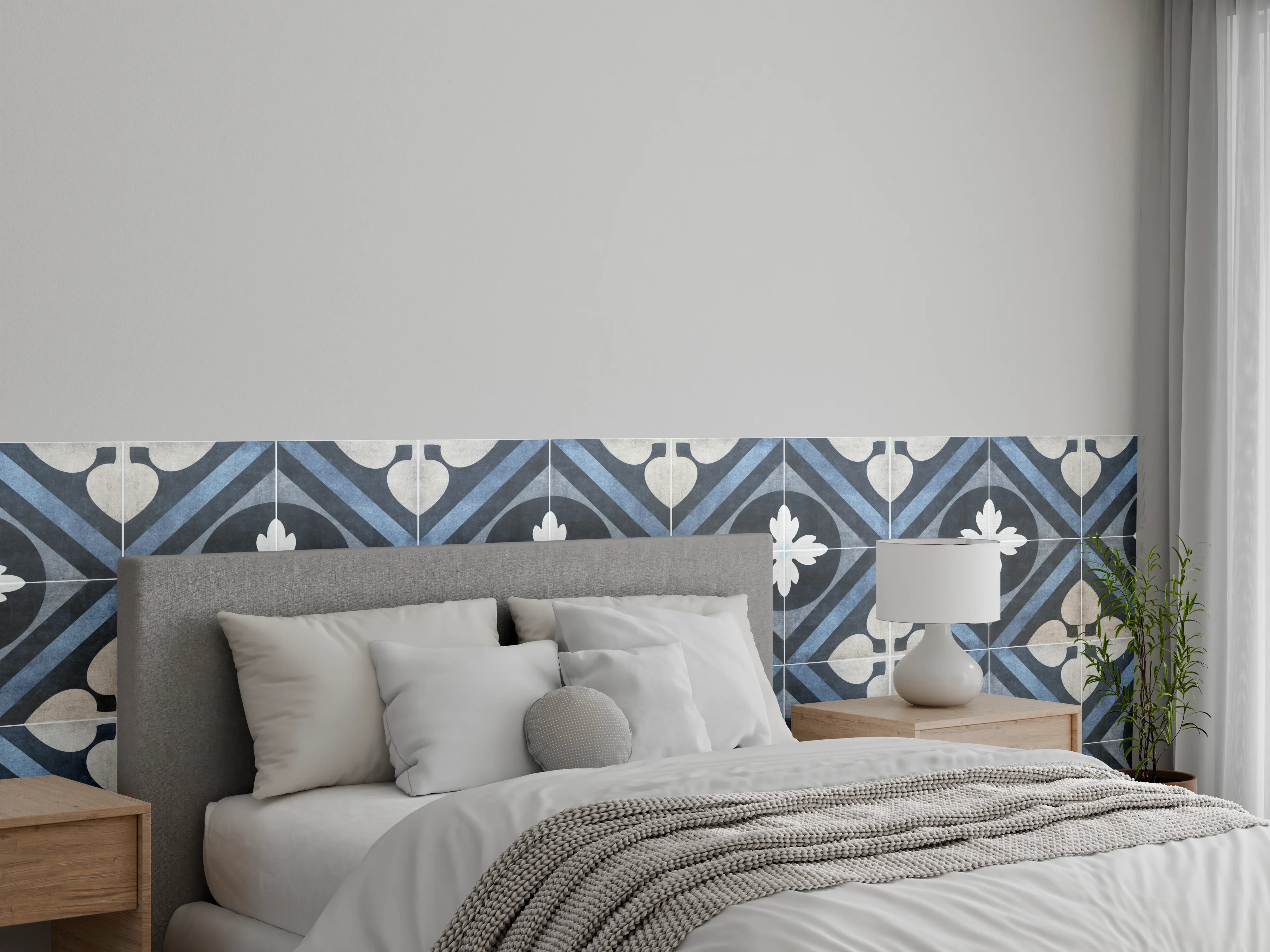 Wandverkleidung Schlafzimmer - Nahtlose blau weiße vintage Fliesen