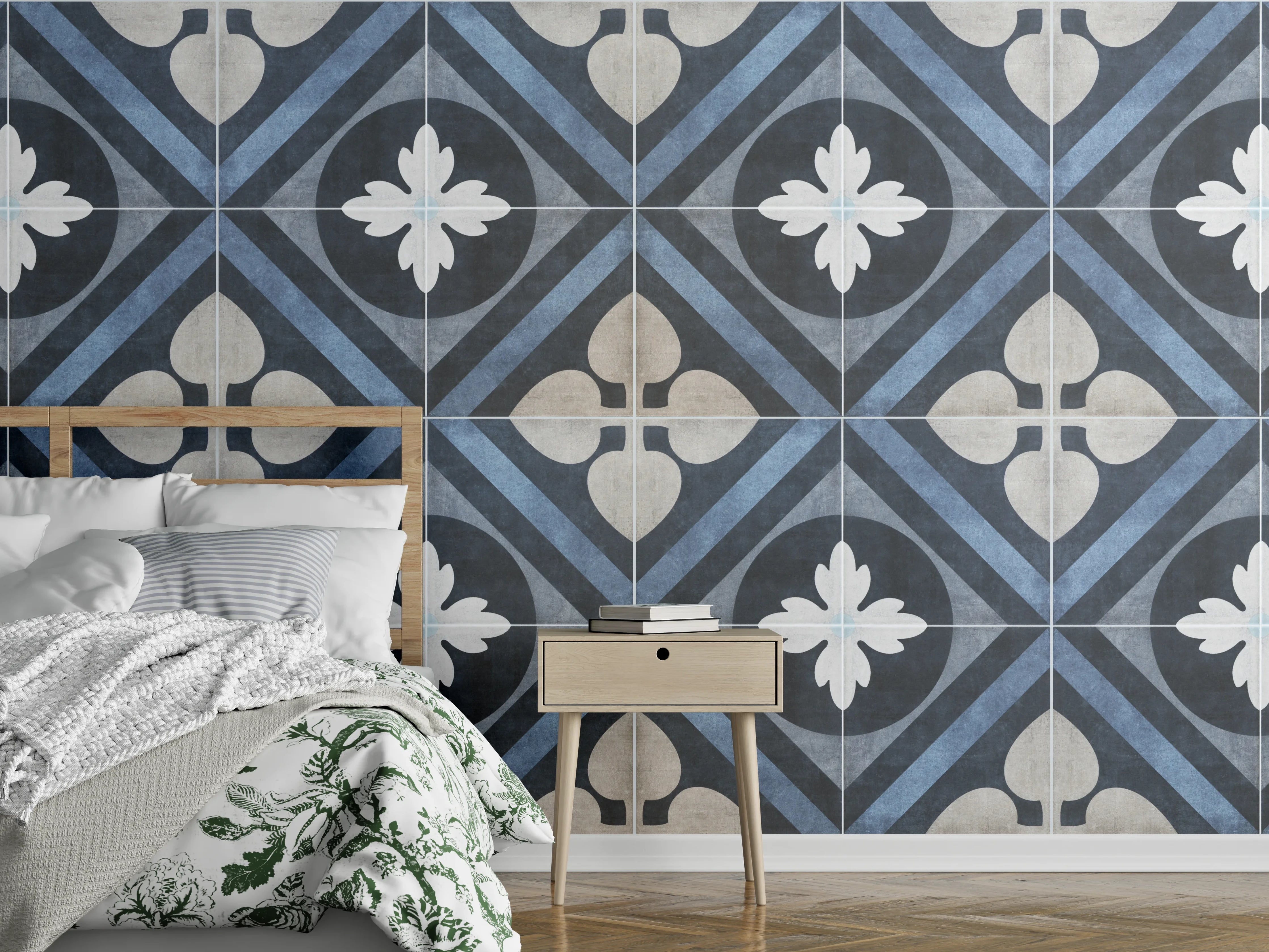 Wandverkleidung Schlafzimmer - Nahtlose blau weiße vintage Fliesen
