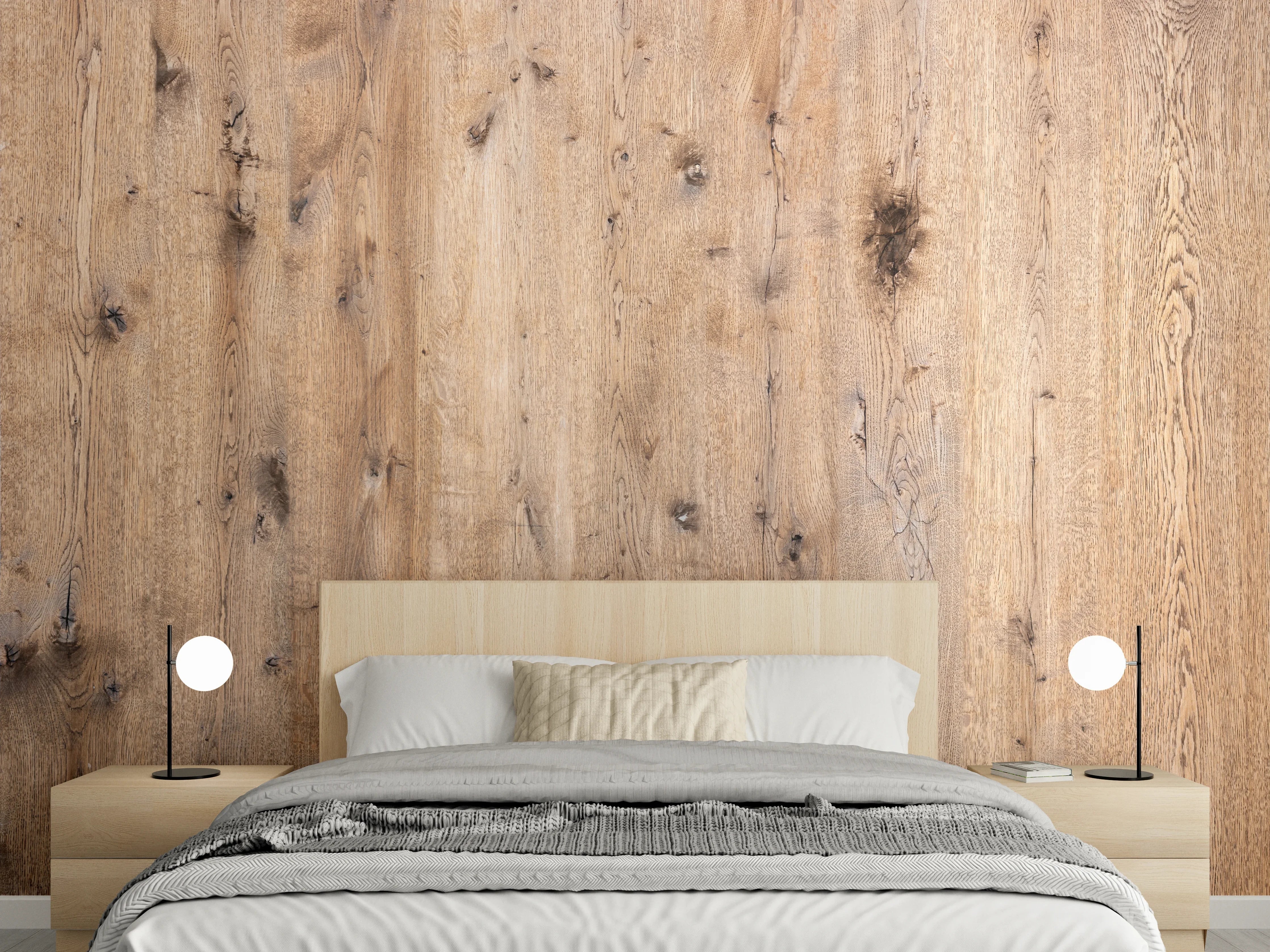 Wandverkleidung Schlafzimmer - Natürliche Holzoptik in warmen Tönen
