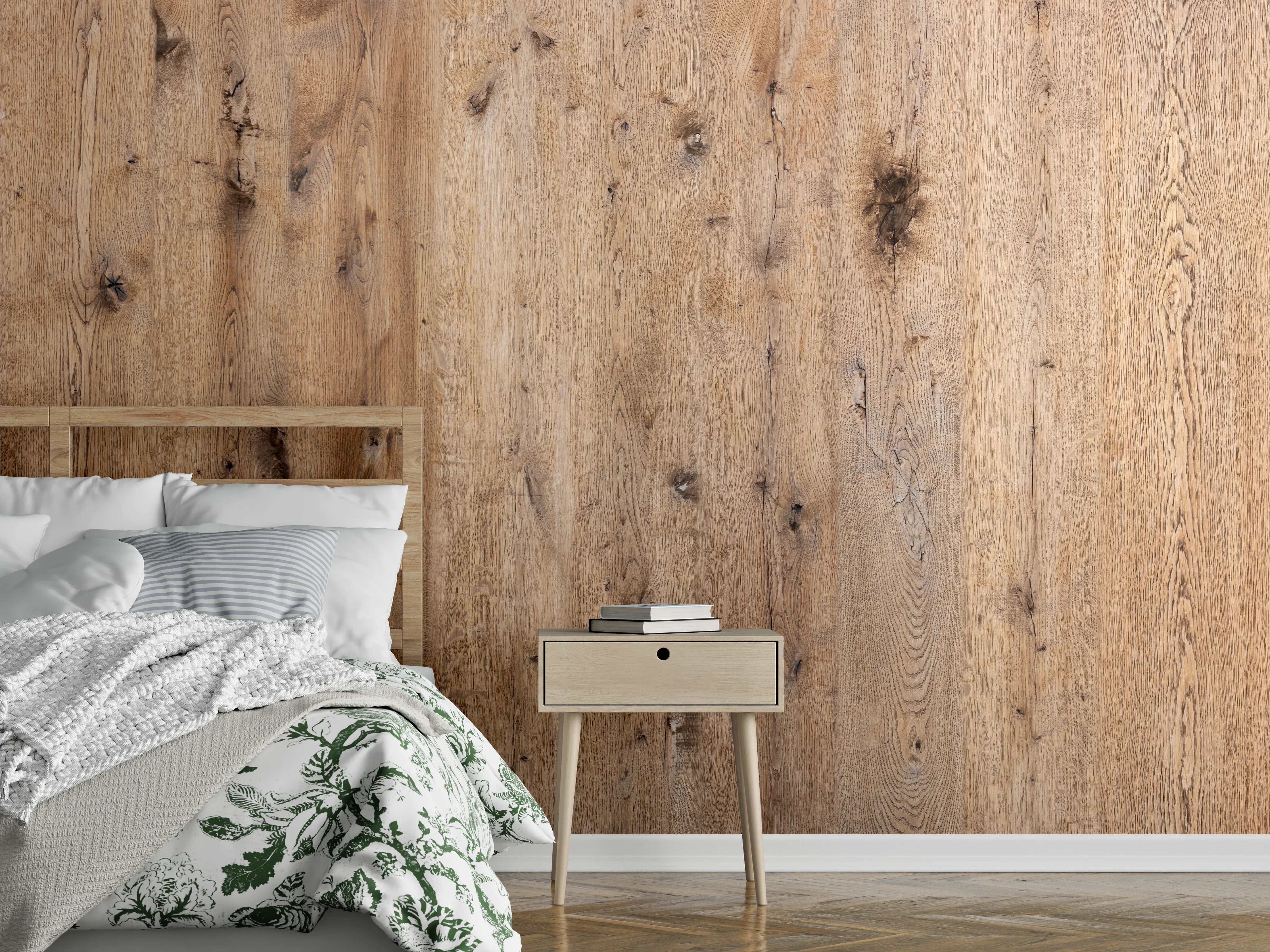 Wandverkleidung Schlafzimmer - Natürliche Holzoptik in warmen Tönen