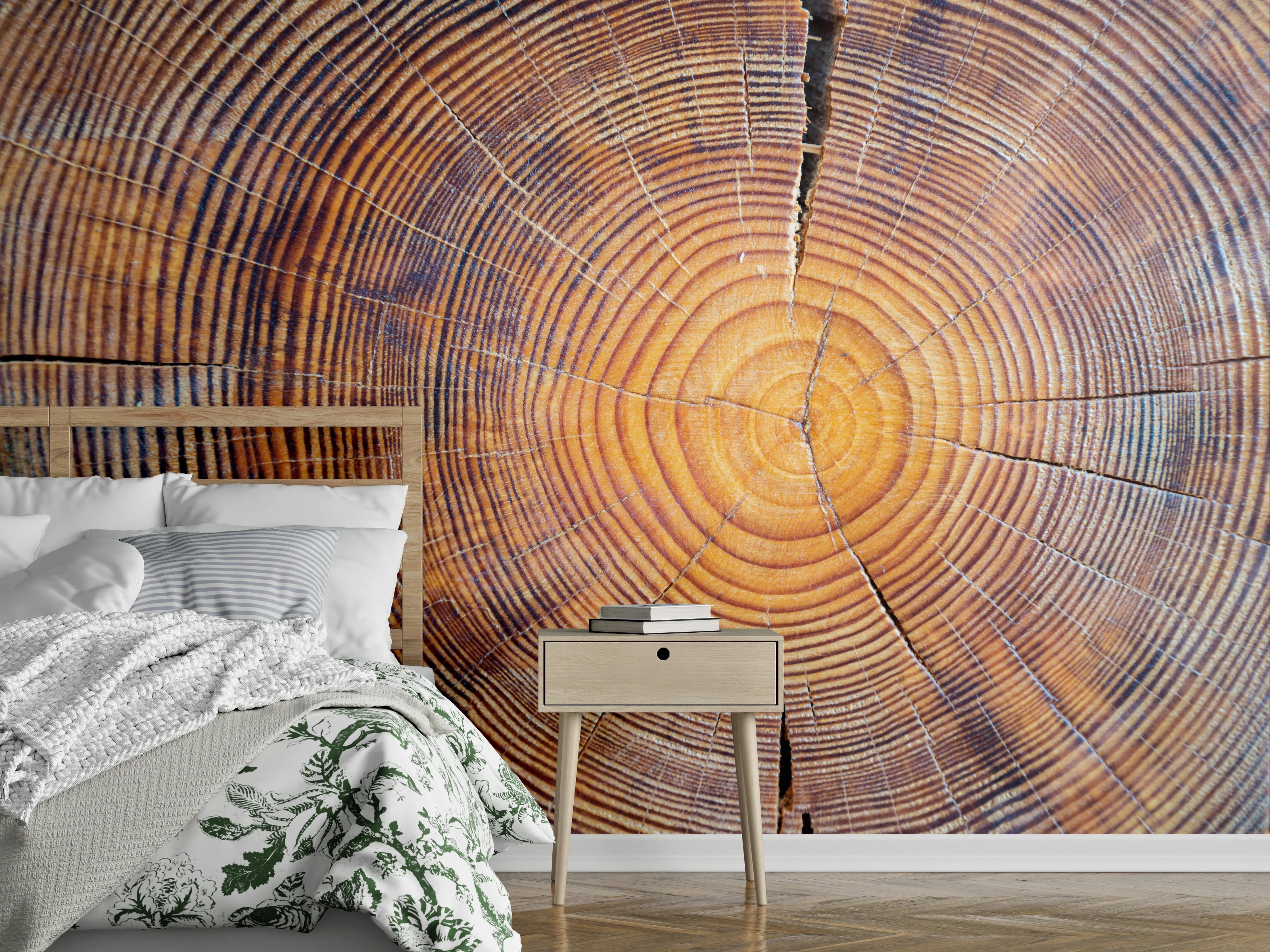 Wandverkleidung Schlafzimmer - Natur Holzoptik Jahresringe Wanddeko