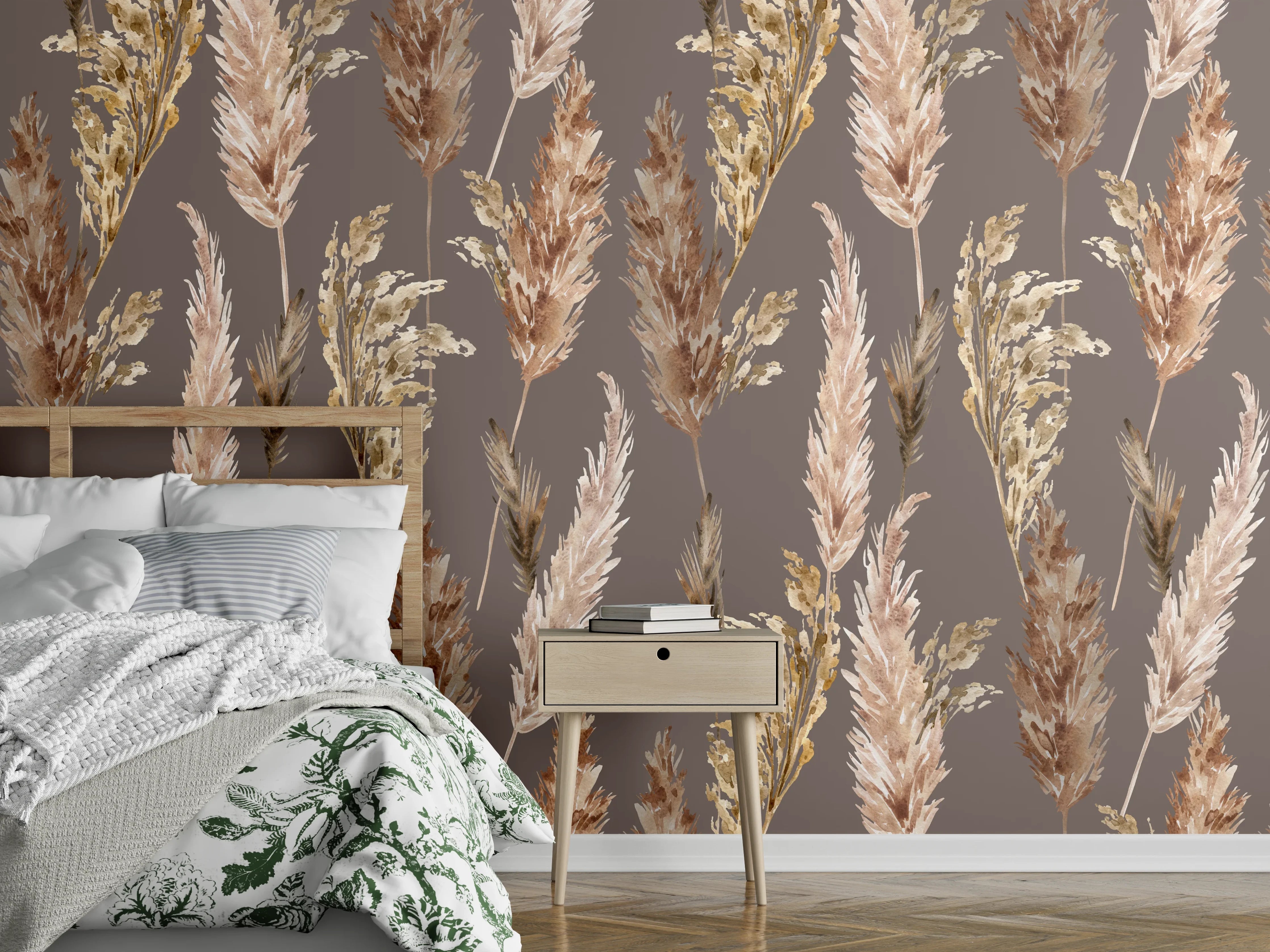 Wandverkleidung Schlafzimmer - Naturgetrocknete Gräser Muster Braun Beige