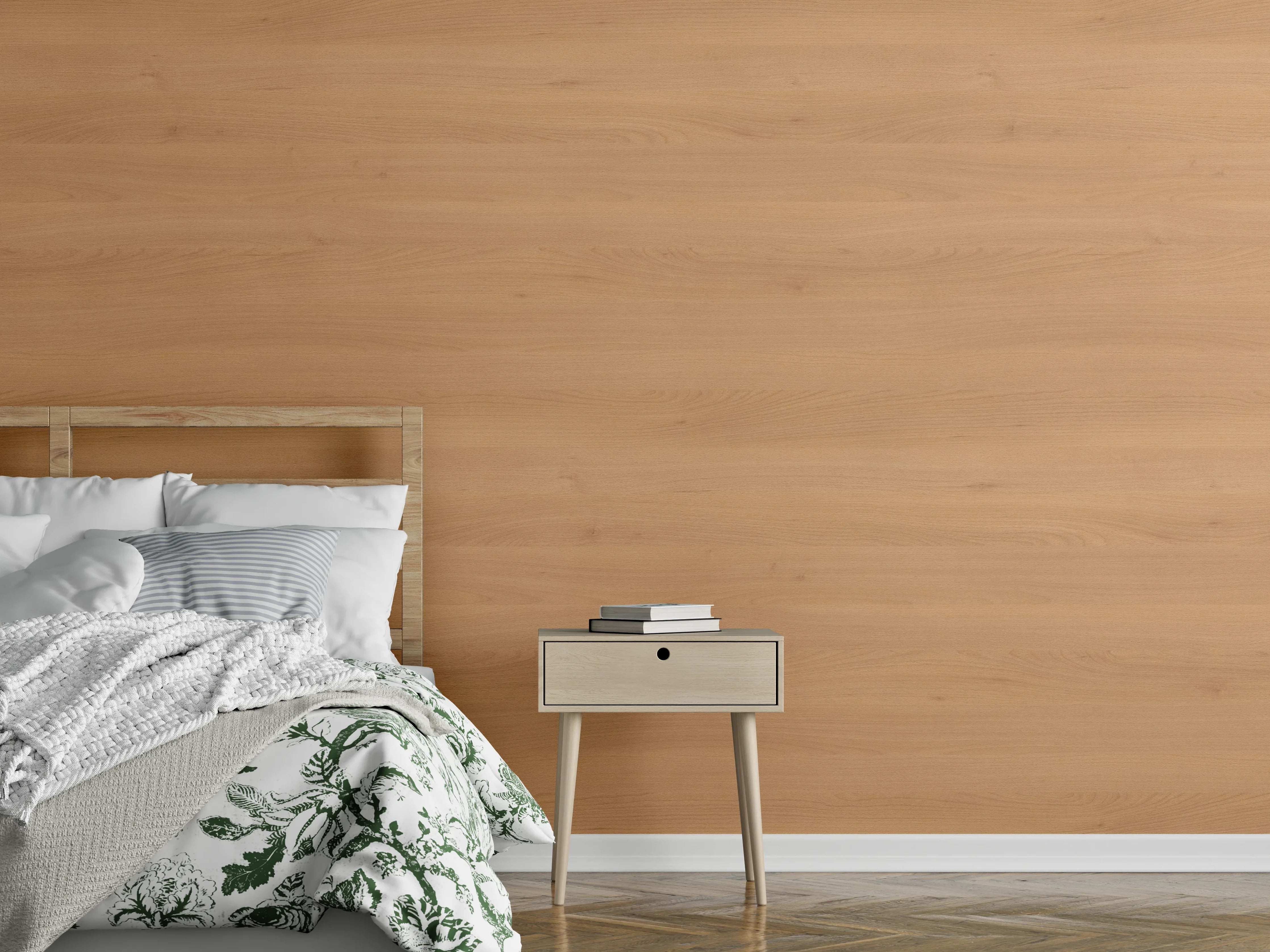 Wandverkleidung Schlafzimmer - Naturholzoptik in warmem Ton