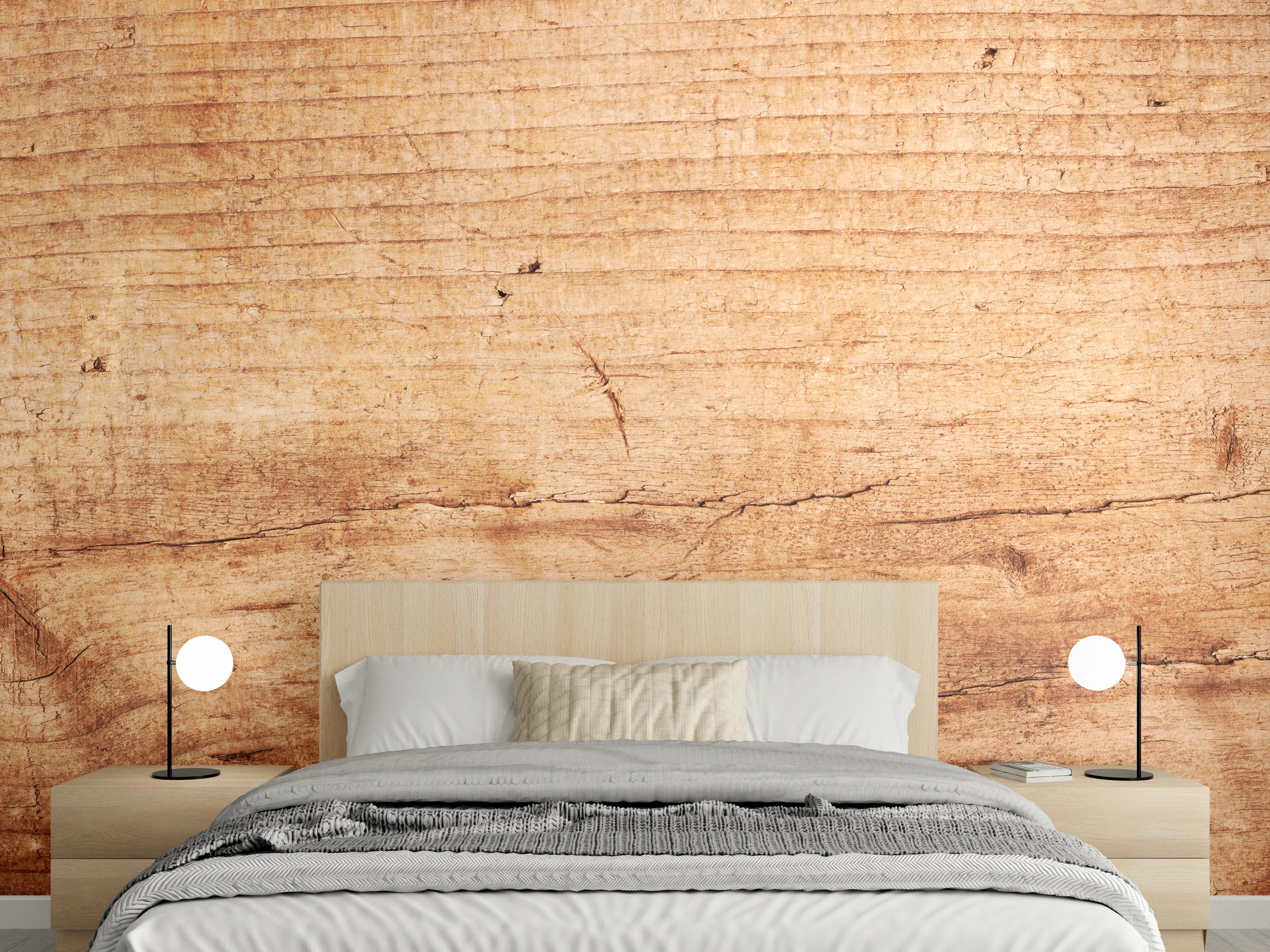 Wandverkleidung Schlafzimmer - Naturholztextur in warmen Tönen