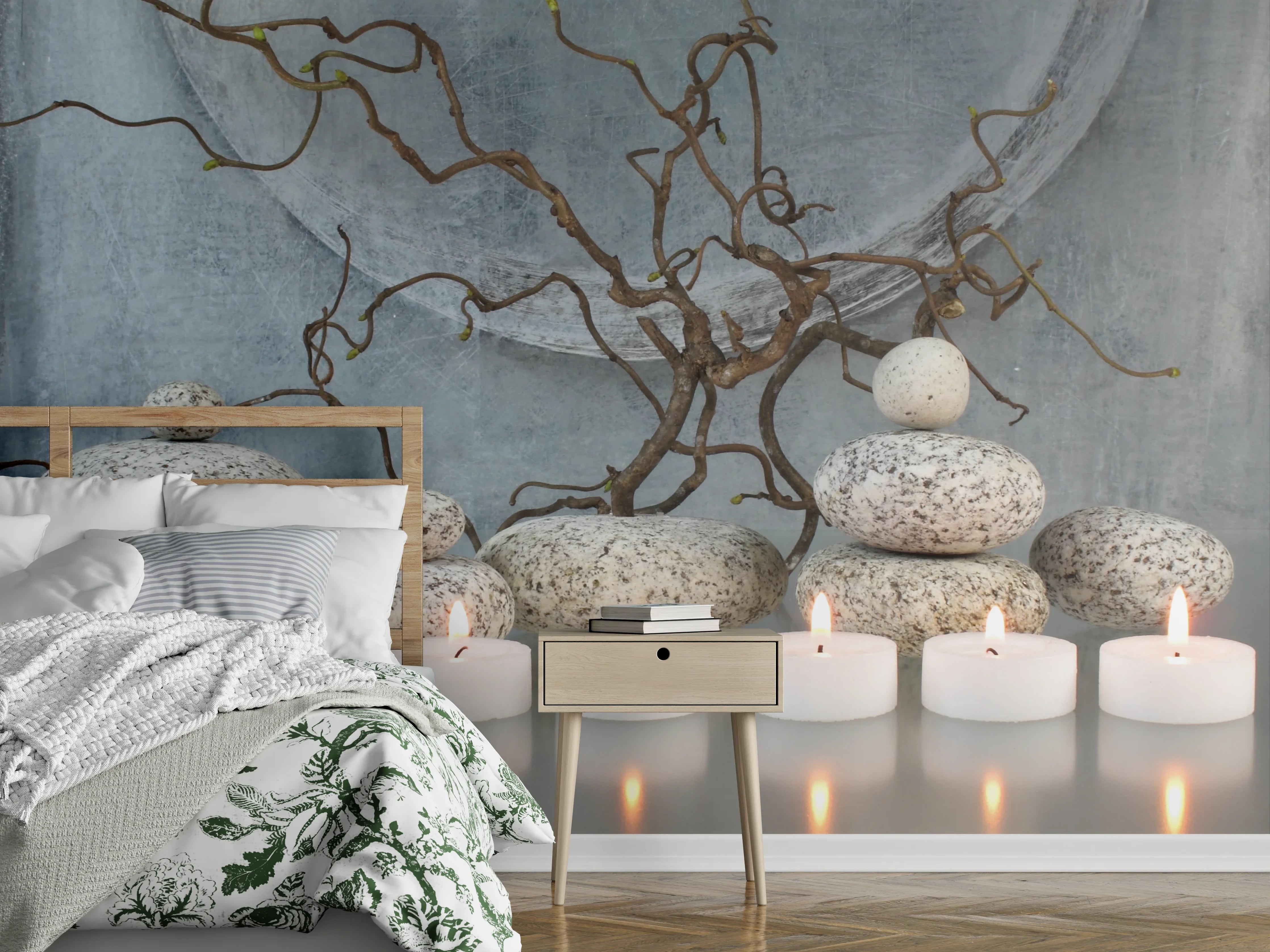Wandverkleidung Schlafzimmer - Naturinspirierte Dekoration mit Steinen und Zweigen