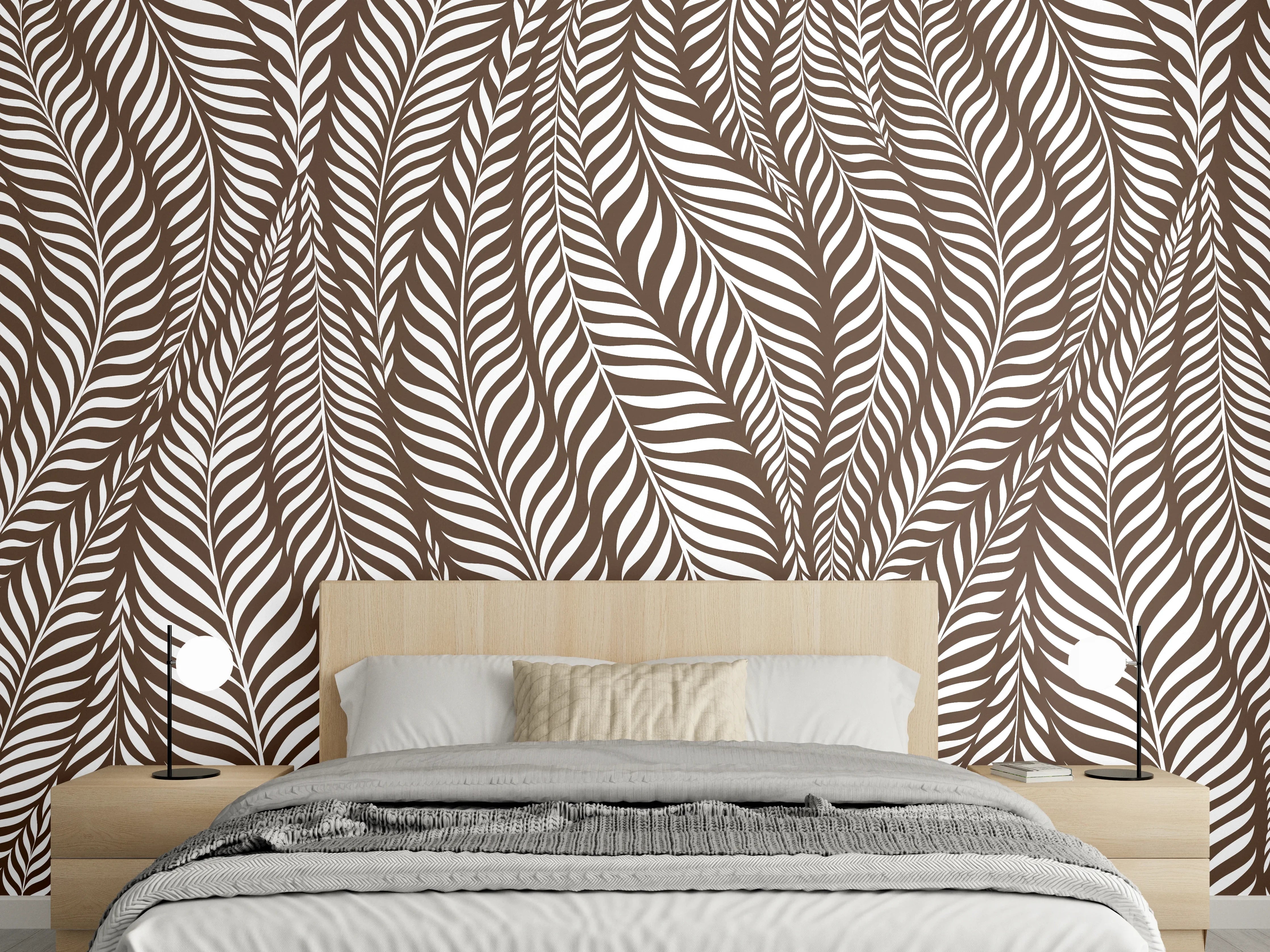 Wandverkleidung Schlafzimmer - Naturmuster: Braun-weißes Blätterdesign
