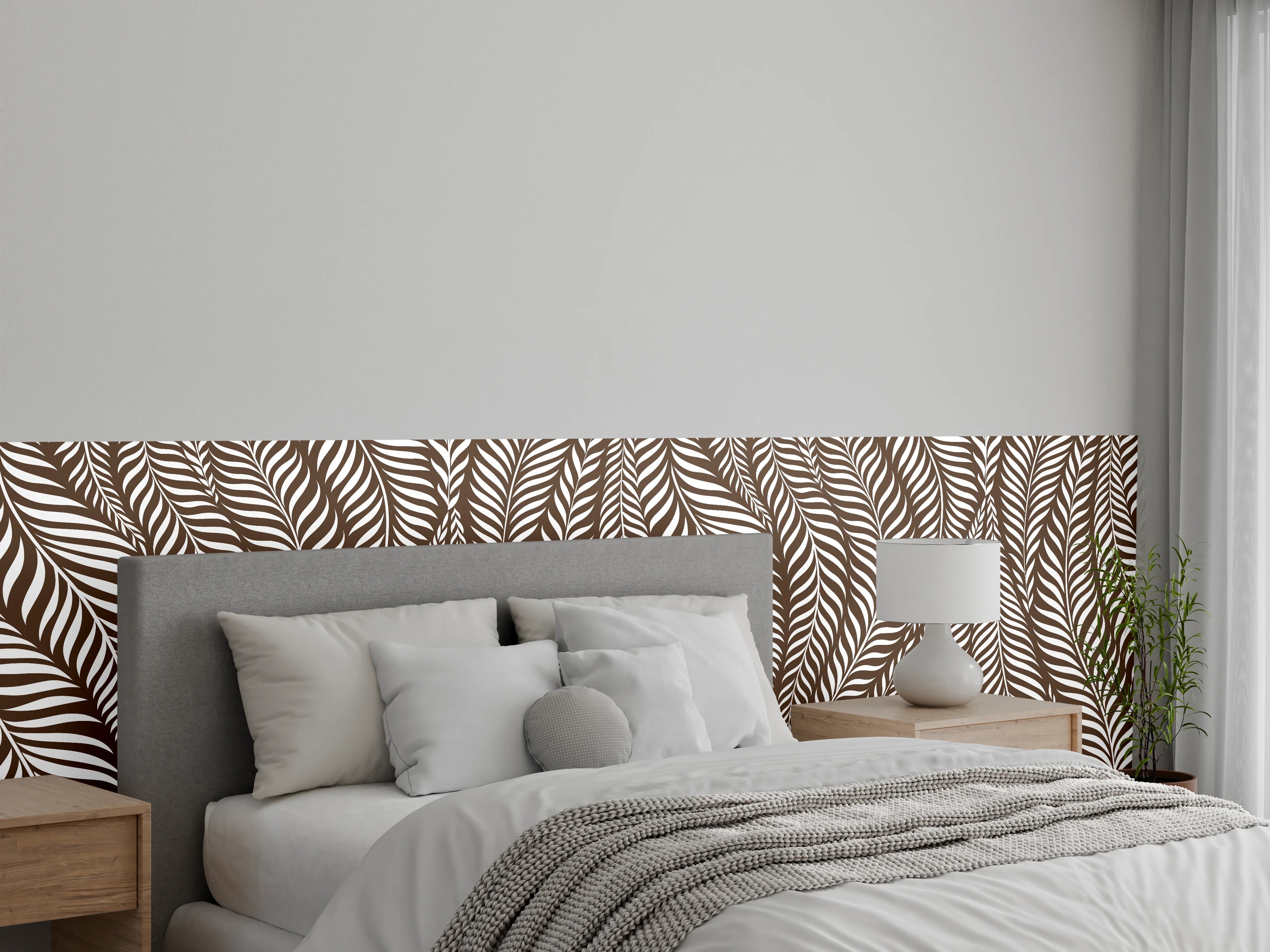Wandverkleidung Schlafzimmer - Naturmuster: Braun-weißes Blätterdesign