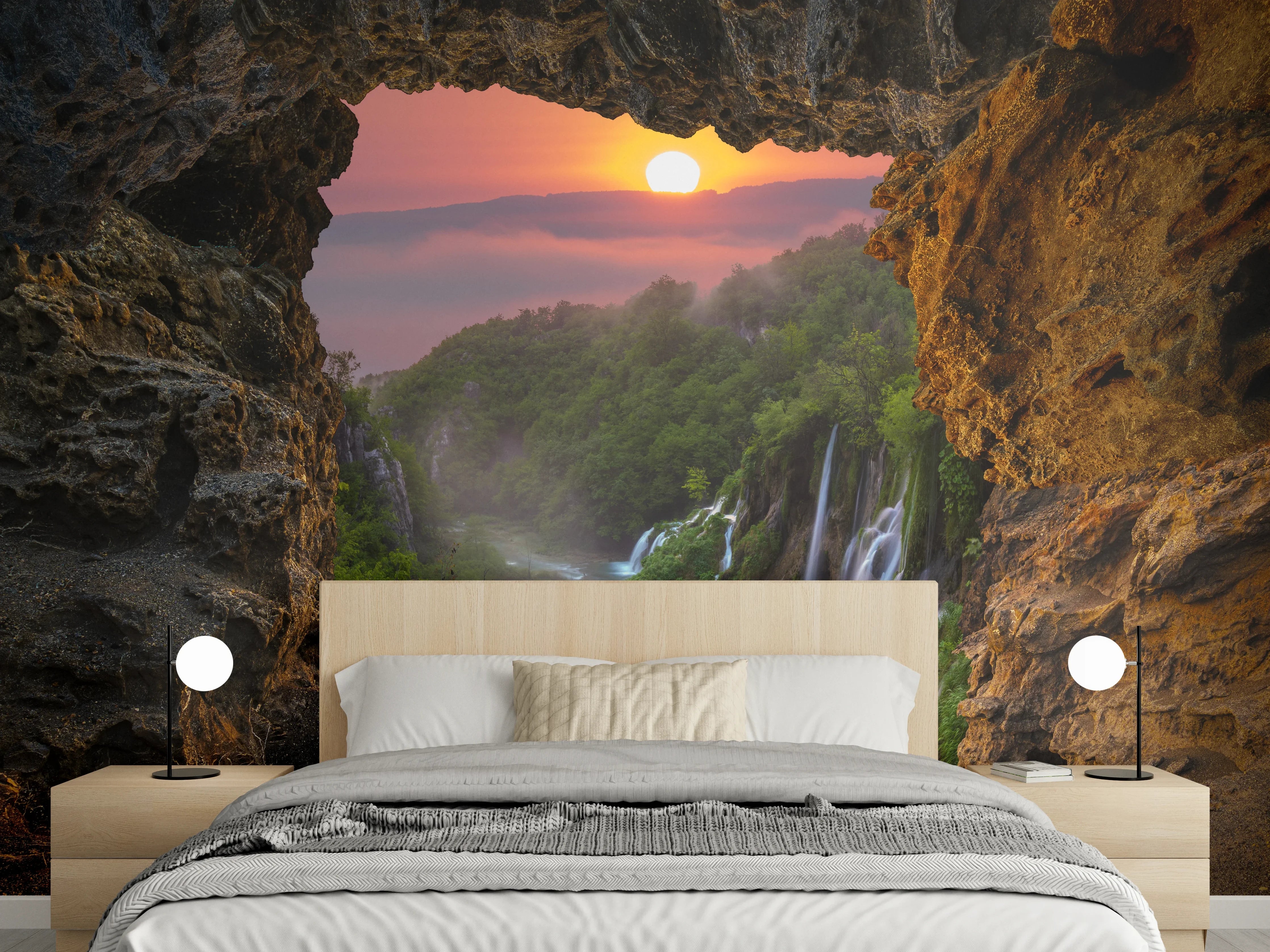 Wandverkleidung Schlafzimmer - Naturparadies Wasserfall Sonnenuntergang Aussicht