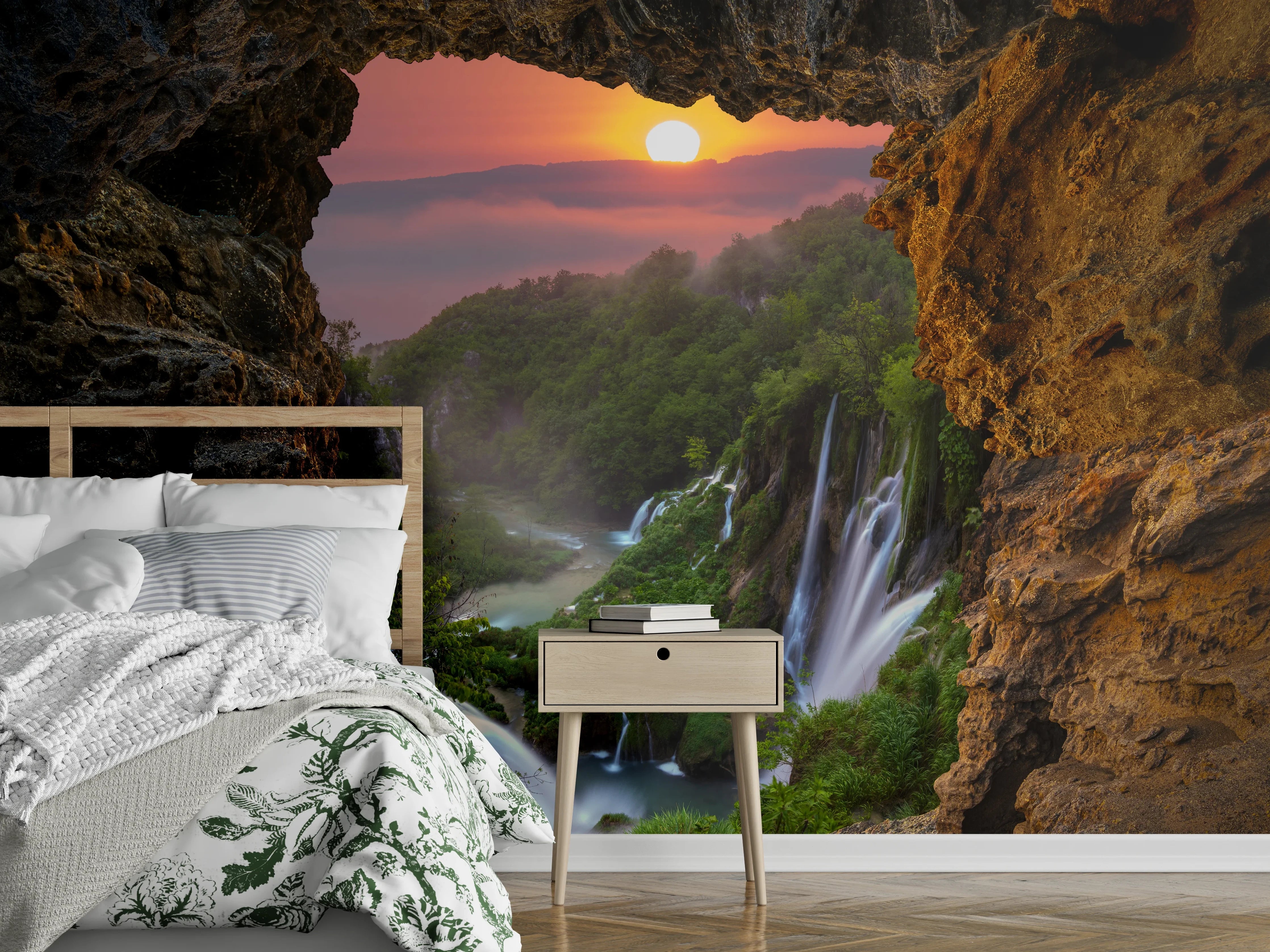 Wandverkleidung Schlafzimmer - Naturparadies Wasserfall Sonnenuntergang Aussicht
