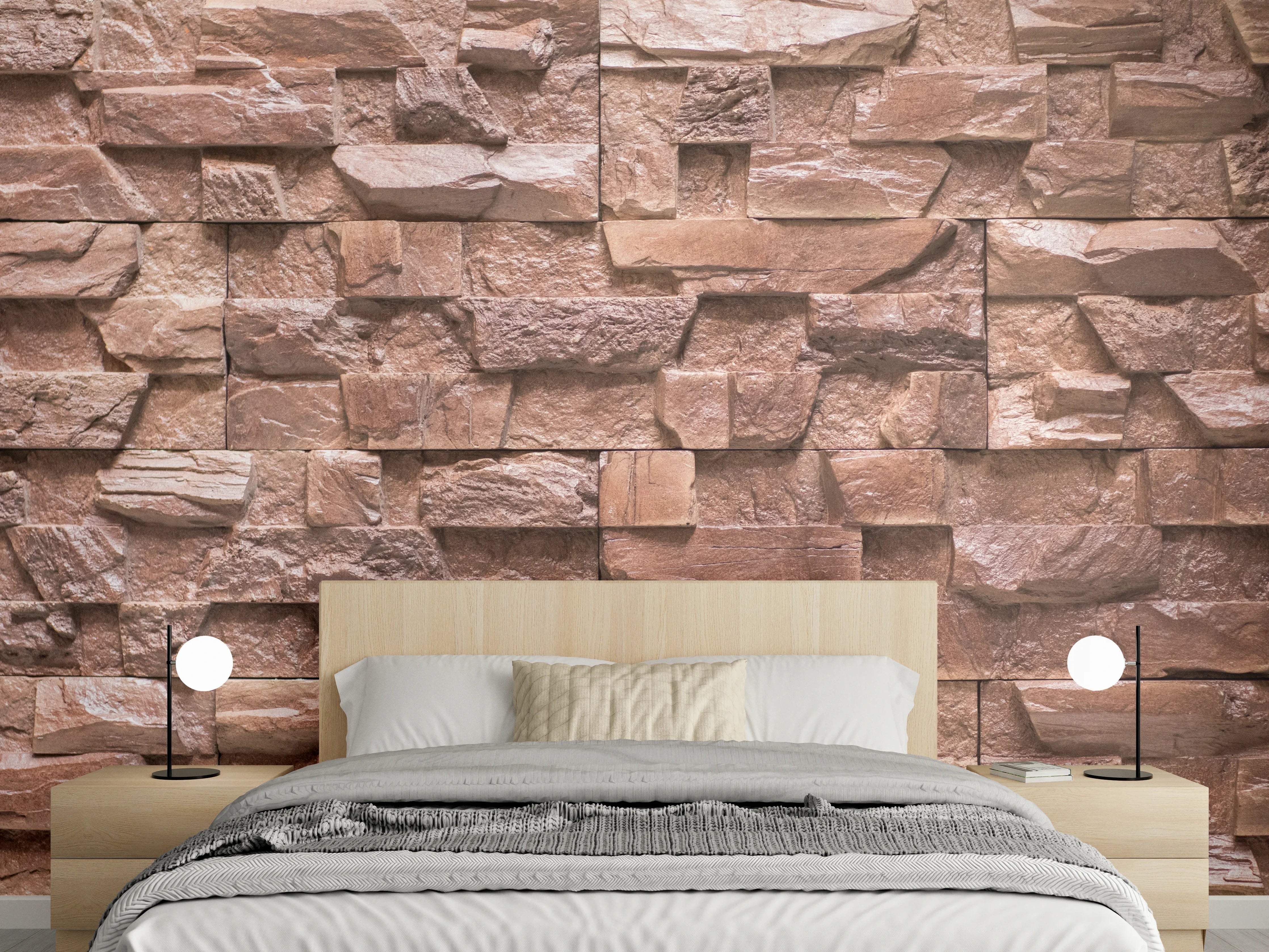 Wandverkleidung Schlafzimmer - Naturstein-Optik in warmen Erdtönen