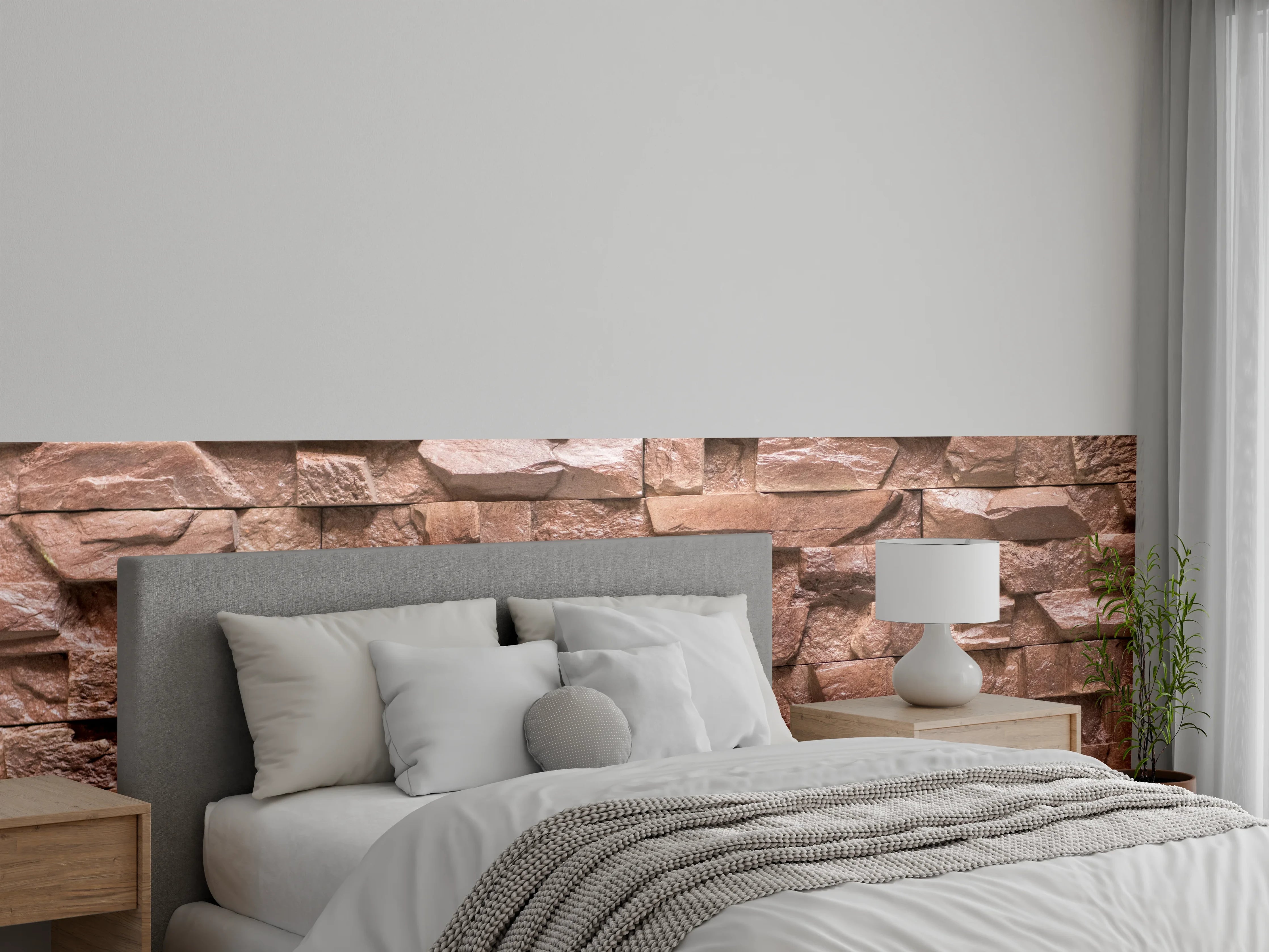 Wandverkleidung Schlafzimmer - Naturstein-Optik in warmen Erdtönen