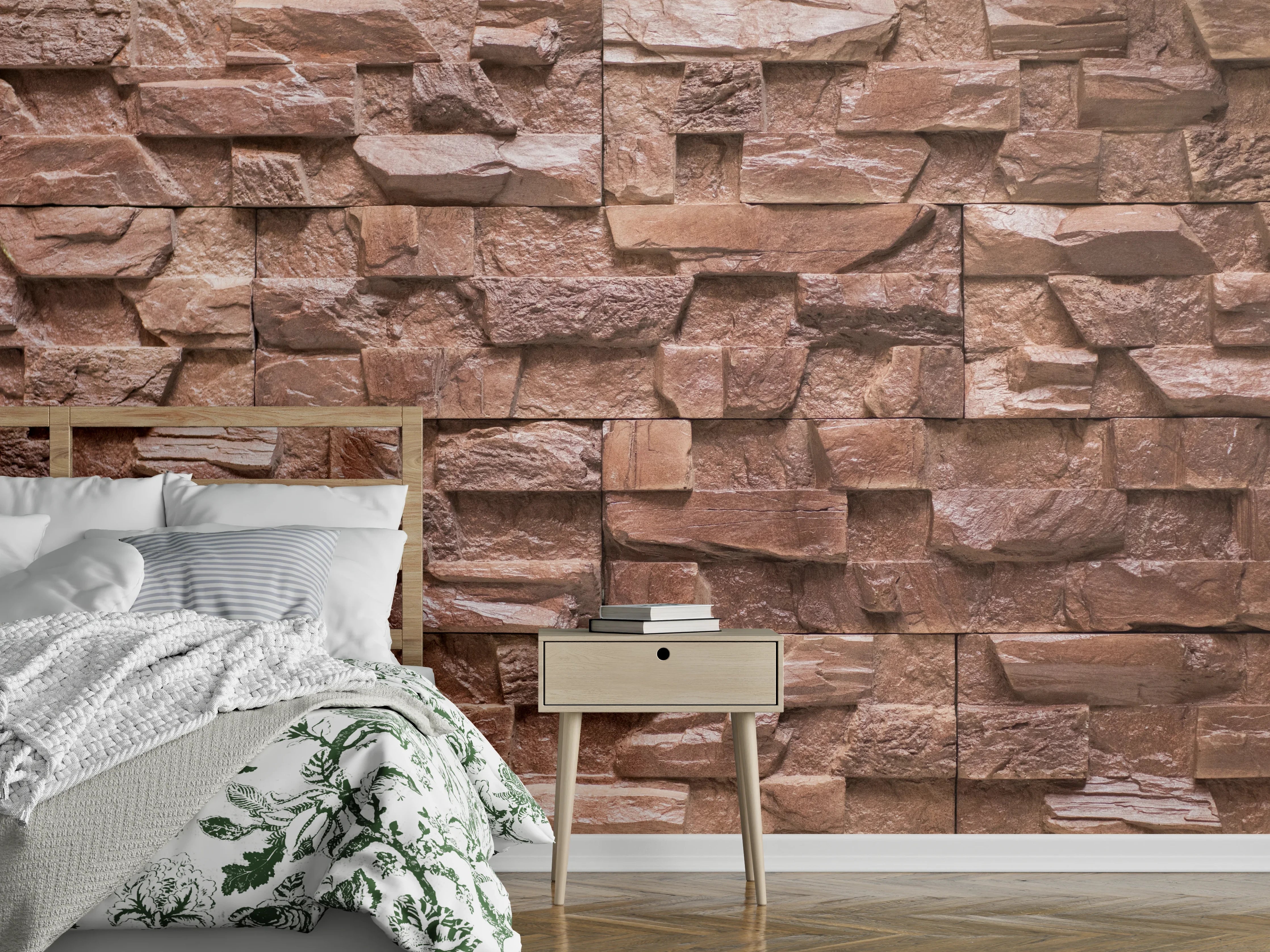 Wandverkleidung Schlafzimmer - Naturstein-Optik in warmen Erdtönen