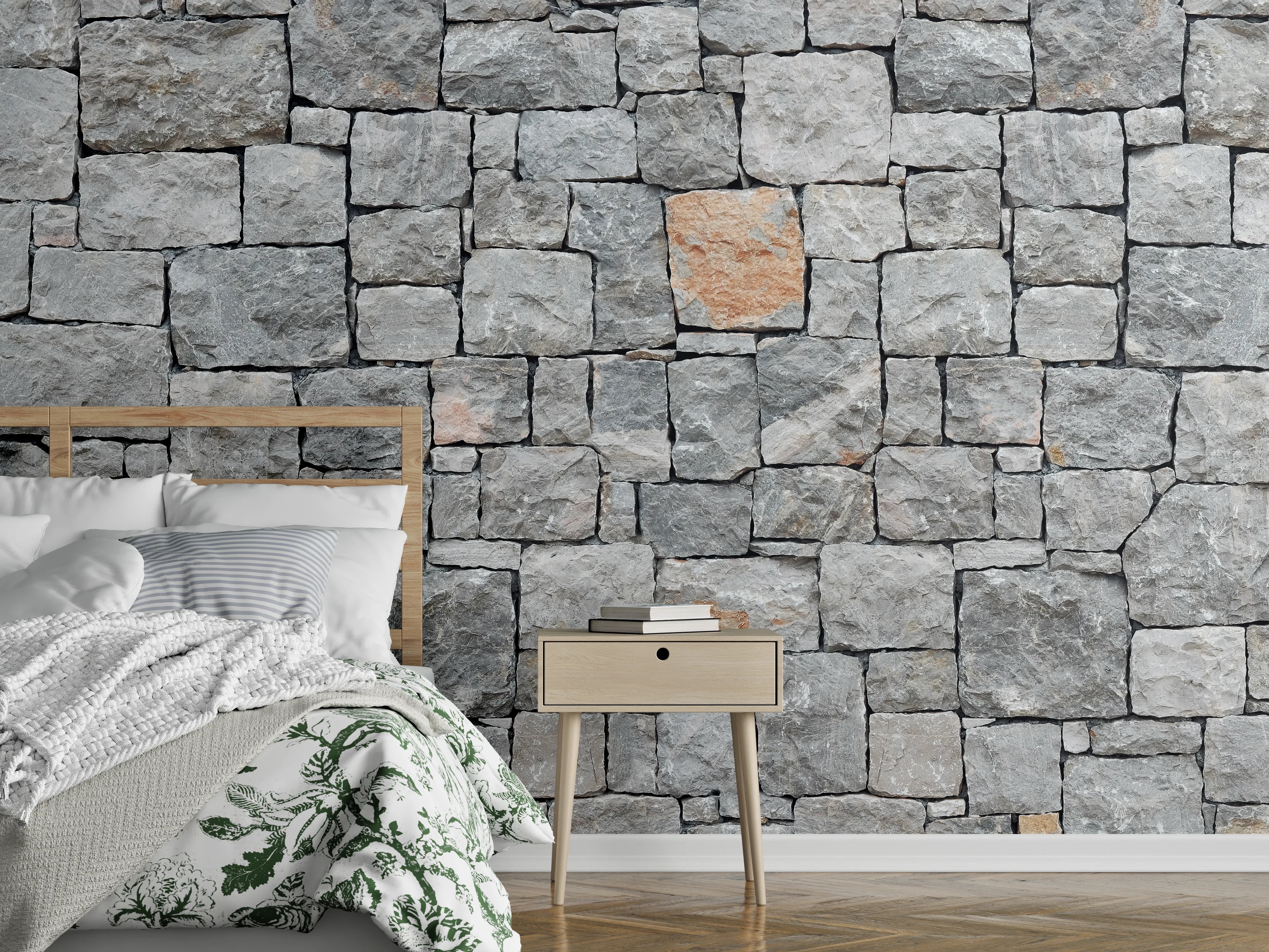 Wandverkleidung Schlafzimmer - Natursteinmauer Grau – Rustikaler Look