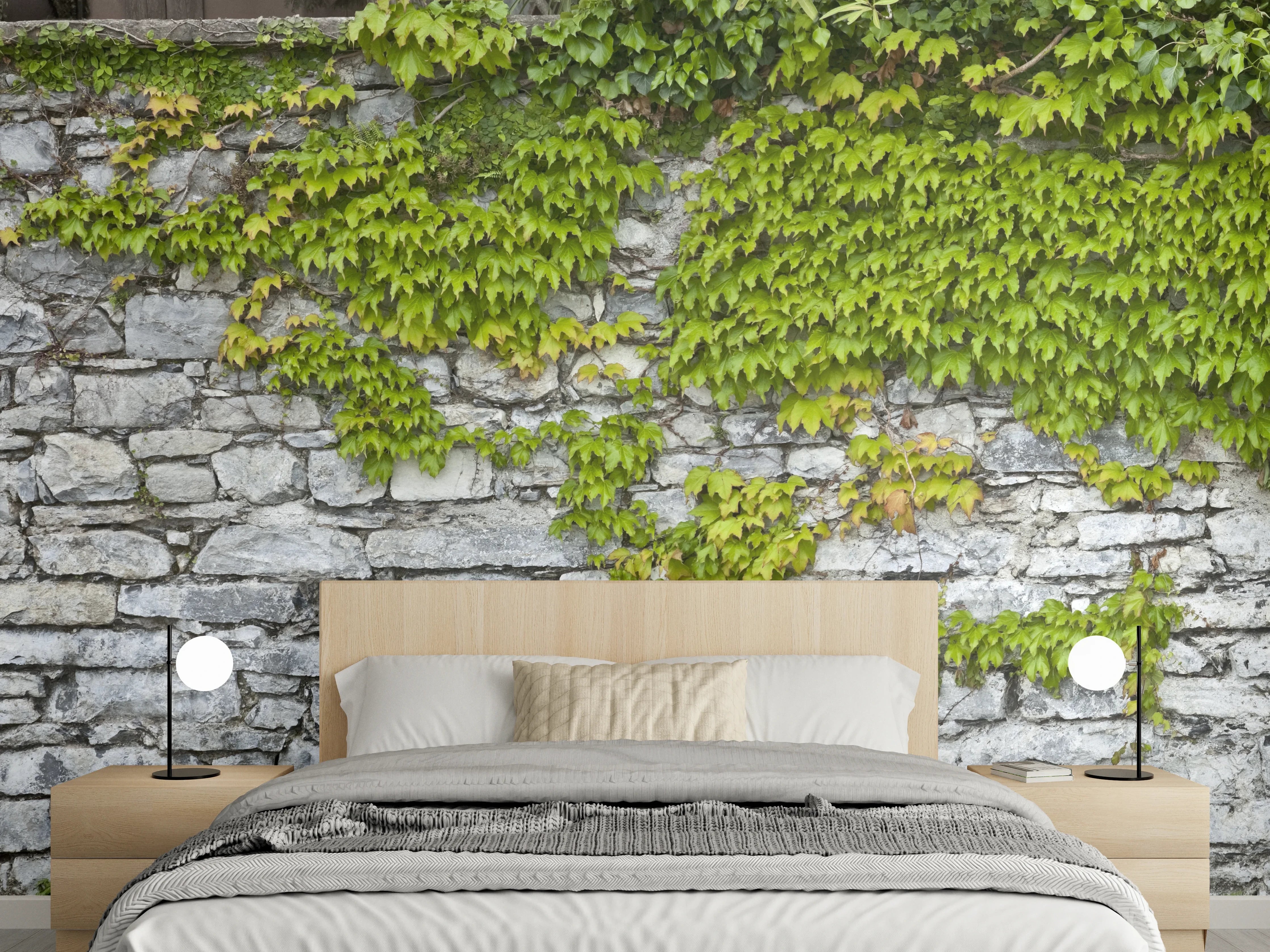Wandverkleidung Schlafzimmer - Natursteinmauer mit Weinlaub