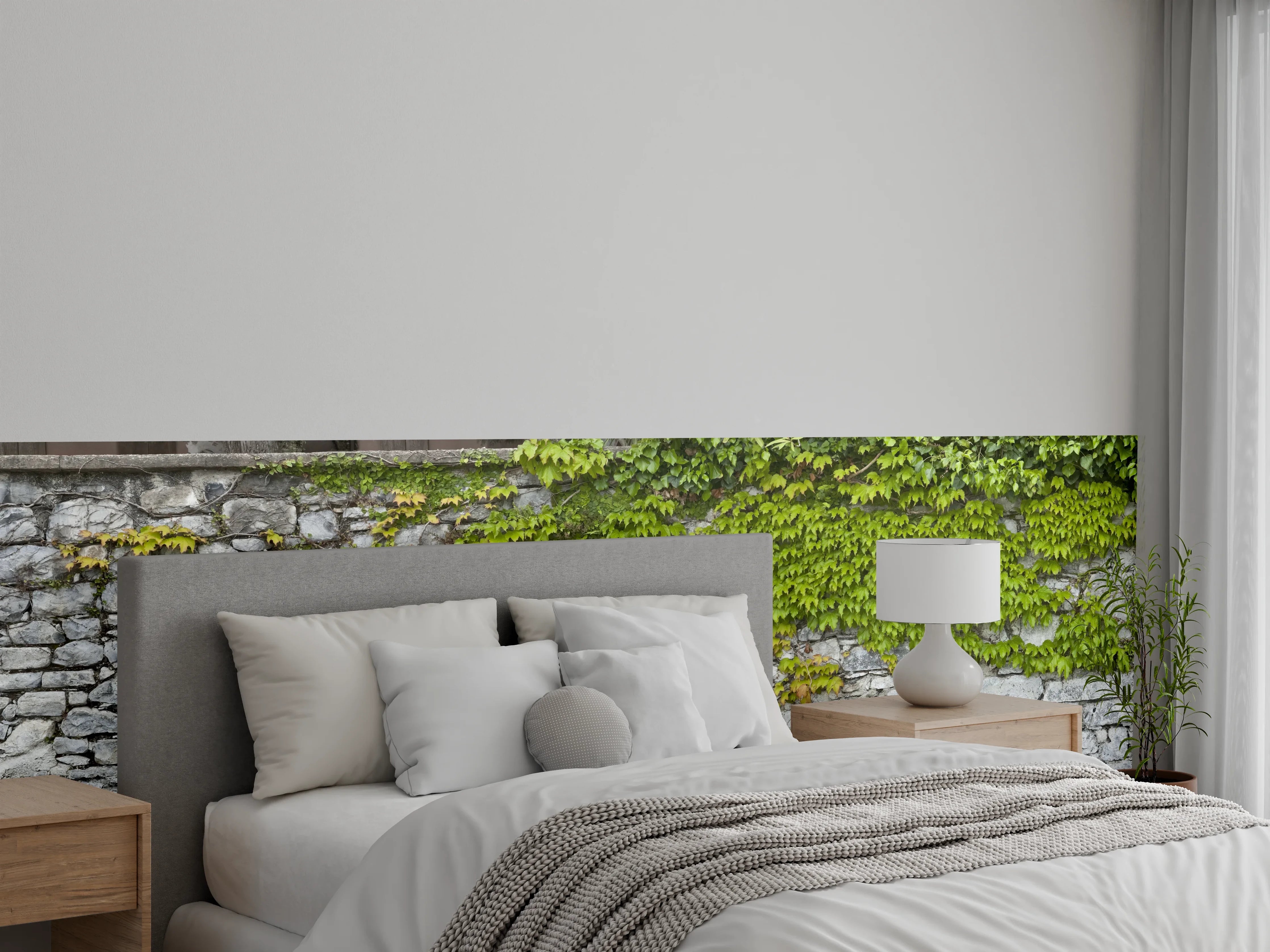 Wandverkleidung Schlafzimmer - Natursteinmauer mit Weinlaub