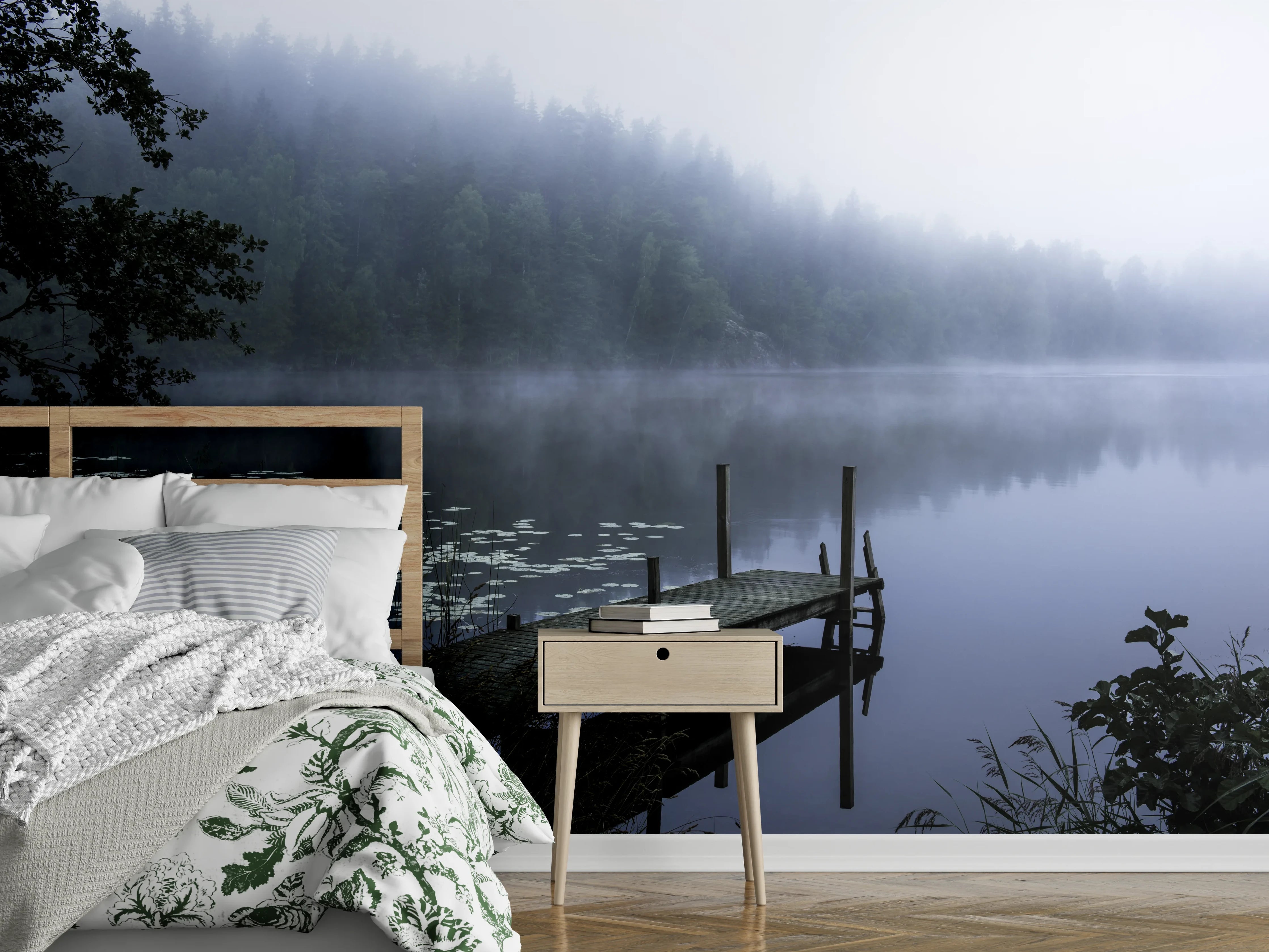 Wandverkleidung Schlafzimmer - Nebel am See – Ruhige Morgenstimmung